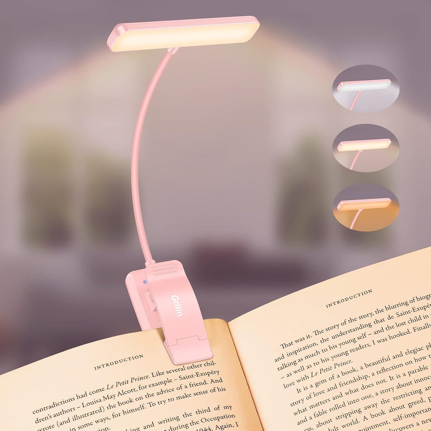 Gritin 19 LED Rechargeable Book Light for Reading in Bed with Memory Function- Eye Caring 3 Color Temperatures,Stepless Dimming Brightness,90 Hrs Runtime Lightweight Clip on Light for Book Lovers