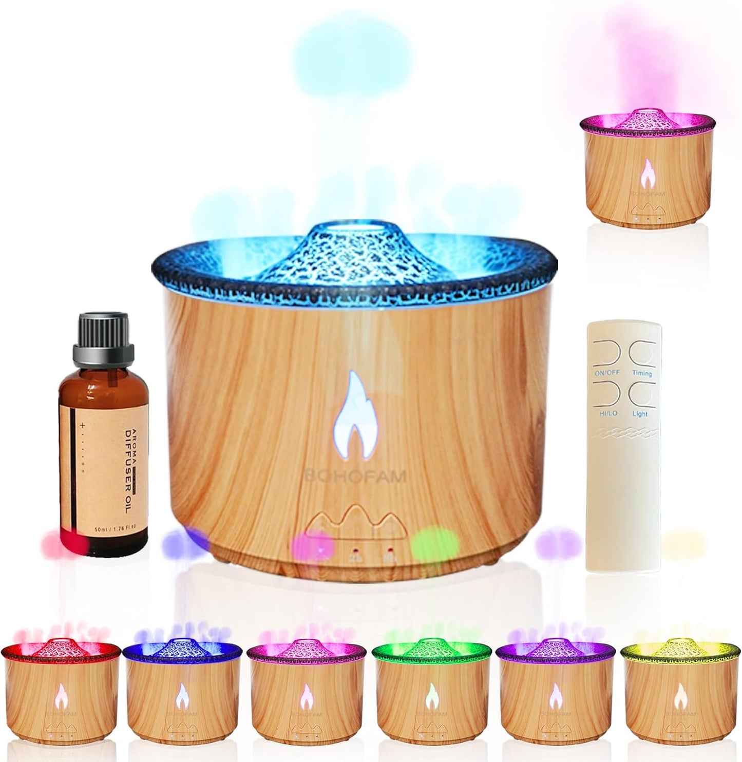 BOHOFAM Aroma Essential Oil Diffuser 360 ML,Volcano and Flame Diffuser/Humidifier,give1.76 oz Hotel Collection Essential Oils,Blue/red Light Selection,Diffusers for Home,Large Room(Black Cracks)