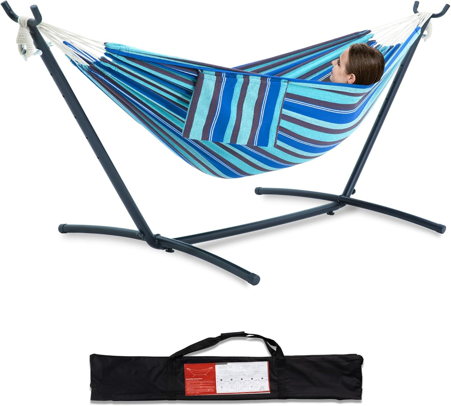 PNAEUT Double Hammocks with Stand for Outside, Portable Space Saving Heavy-Duty Steel Frame for Indoor Outdoor Patio Yard, Easy Assembly, 2 Person 450 lbs Capacity (Coffee)