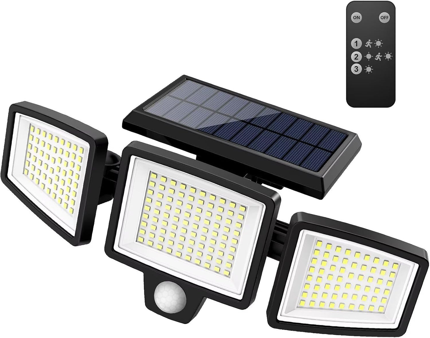 Tuffenough Solar Outdoor Lights 2500LM 210 LED Security Lights with Remote Control,3 Heads Motion Sensor Lights, IP65 Waterproof,270° Wide Angle Flood Wall Lights with 3 Modes(2 Packs)