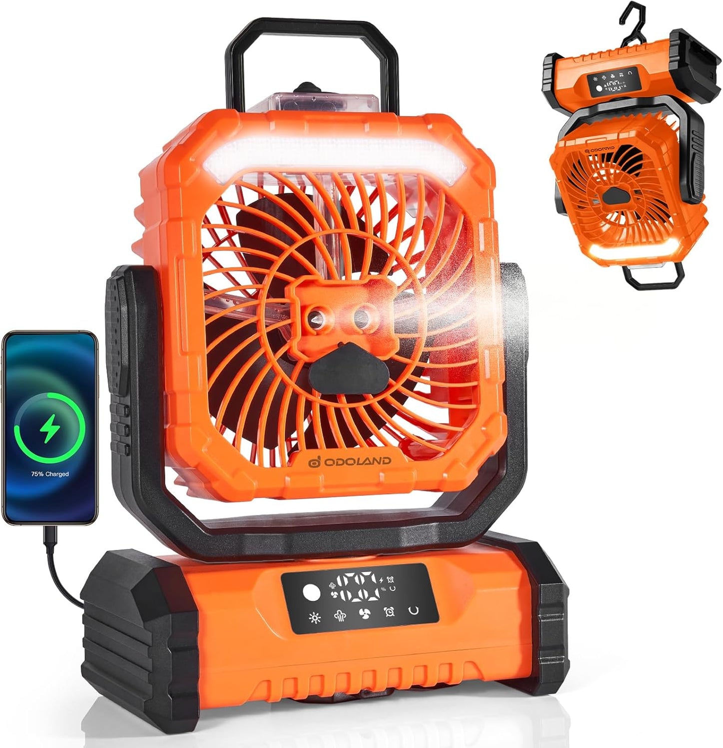 Odoland Portable Misting Fan with Light, 30000mAh Rechargeable Battery Camping Fan with 2 Spray Mister, Outdoors Tent Ventilador with Remote and Hook for Indoor Cooling Hiking Patio, Black
