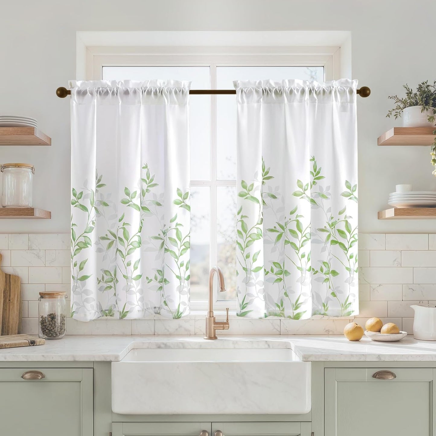HOMEIDEAS Non-See-Through Pink and White Privacy Sheer Curtains 52 X 63 Inch Length 2 Panels, Leaf Floral Printed Light Filtering Semi Sheer Window Curtains Drapes for Bedroom Living Room