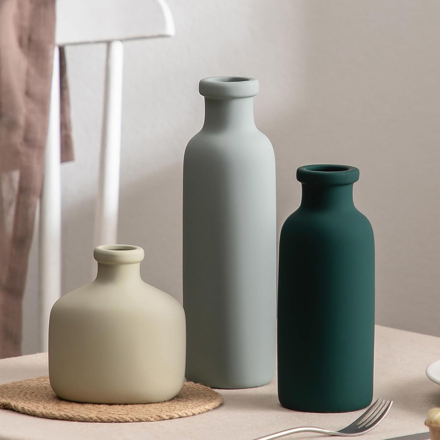 Modern Ceramic Vase Set of 3, 8 inch Simple Geometric Lines Vase for Pampas Grass Dried Fresh Flowers, Home Decor, Bedroom, Living Room, Bookshelf Decoration, Neutral Minimalist Nordic Style