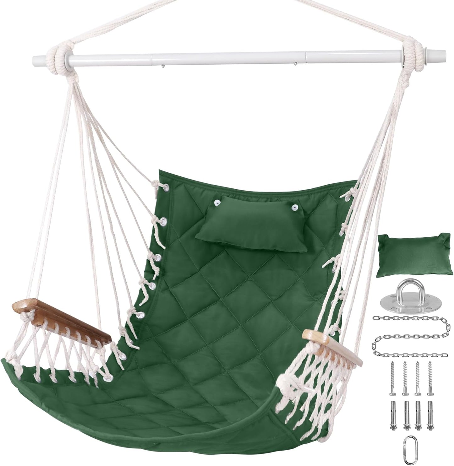 Hammock Chair Hanging Swing with Wooden Armrest;Steel Spreader Bar,Pillows,Hardware kit Included;Cotton Woven Fabric;Up to 350 Lbs,for Indoor or Outdoor