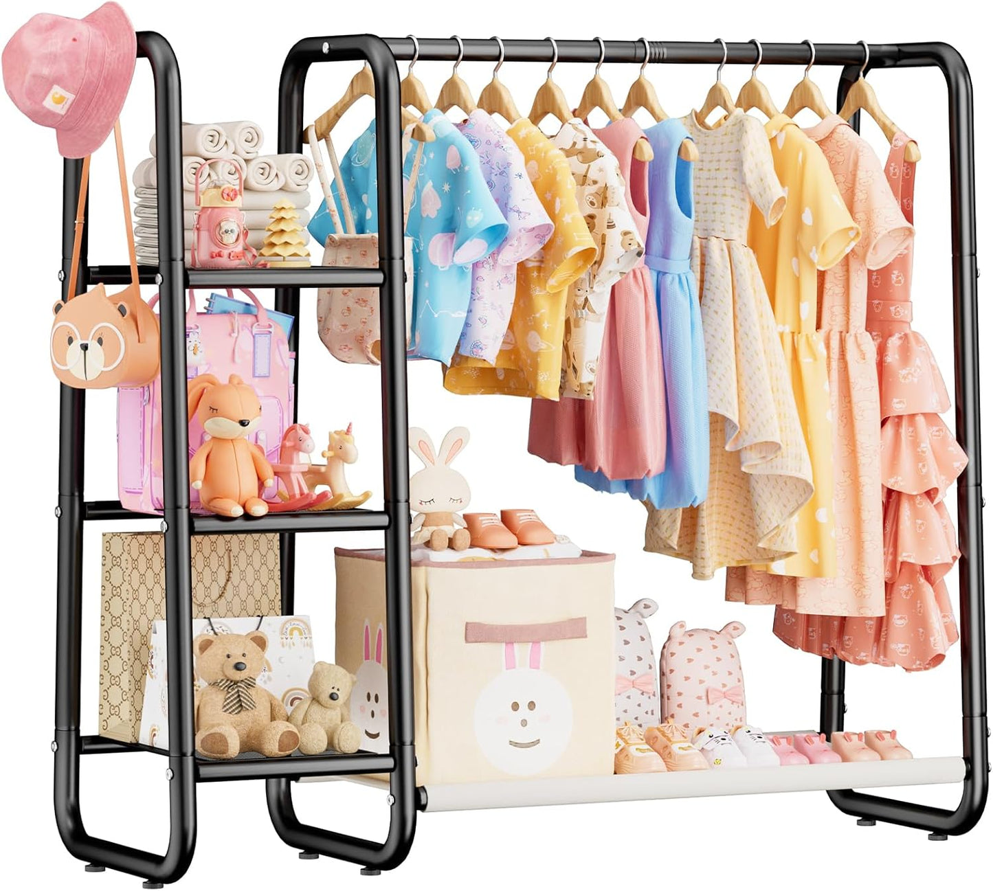 Kids Dress Up Storage with 4 Storage Shelf, More Storage Space Kids Clothing Rack for Costume Organizer Playroom Kids Girls Bedroom Nursery Organizer (Classic, White)