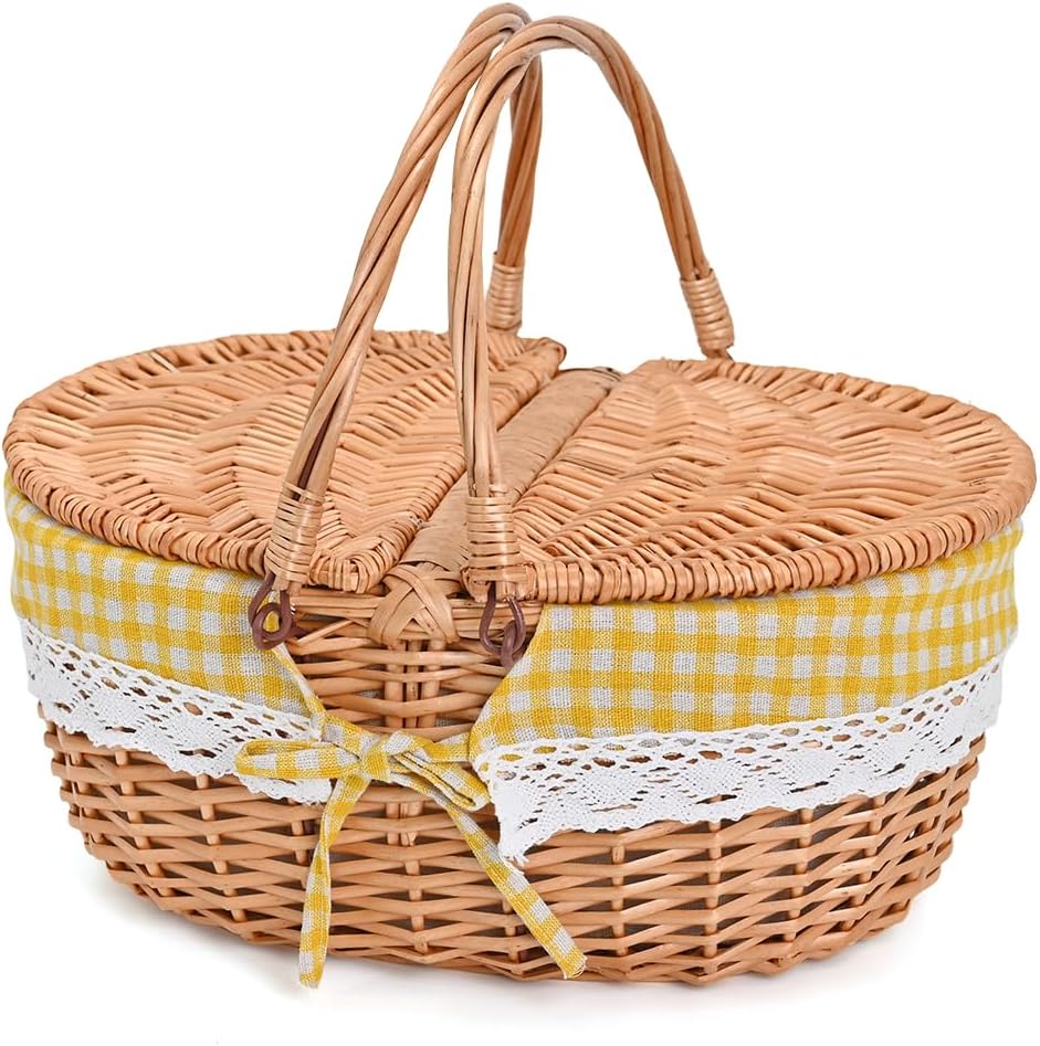 Wicker Picnic Basket with Removable Liner Empty Picnic Baskets with Lid, Picnic Hamper with Foldable Handles for Picnic 2, Natural Color, Large