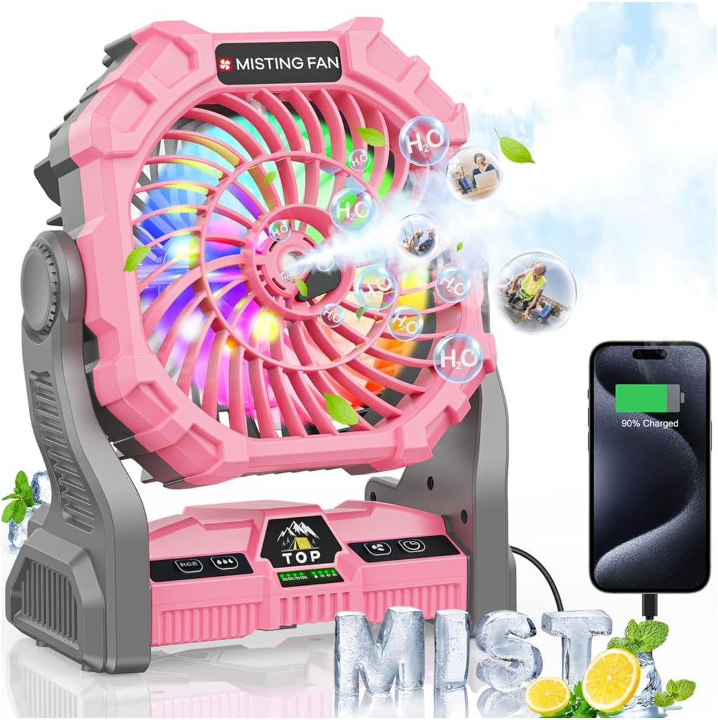 Misting Fan Portable with RGB Lantern, 30000 mAh Rechargeable Camping Mist Fan with Emergency Battery Power Bank Hurricane Supplies, Perfect Cooling Mister for Outdoor Travel