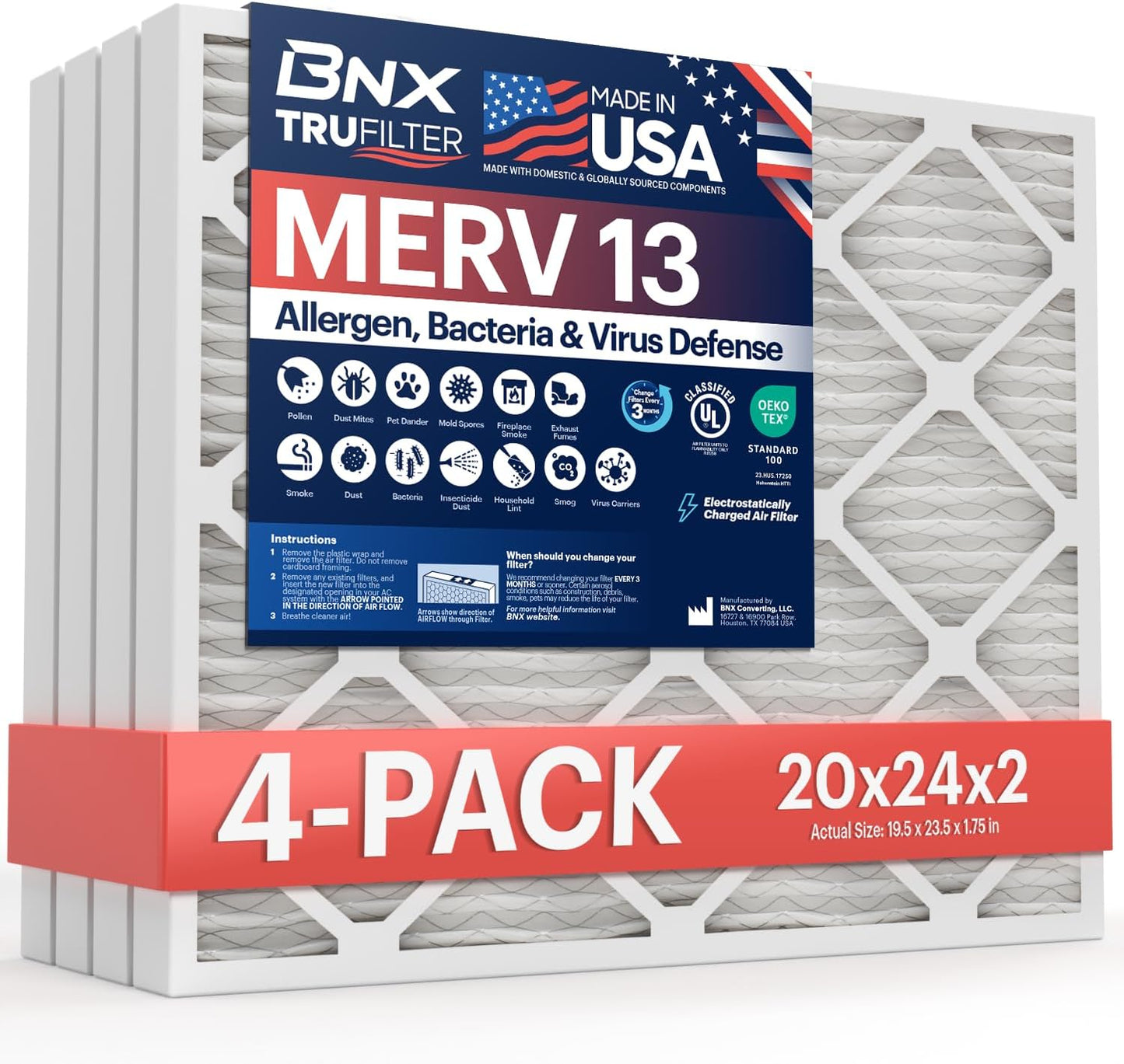 BNX TruFilter 20x20x1 MERV 13 (4-Pack) AC Furnace Air Filter - MADE IN USA - Electrostatic Pleated Air Conditioner HVAC AC Furnace Filters - Removes Pollen, Mold, Bacteria, Smoke