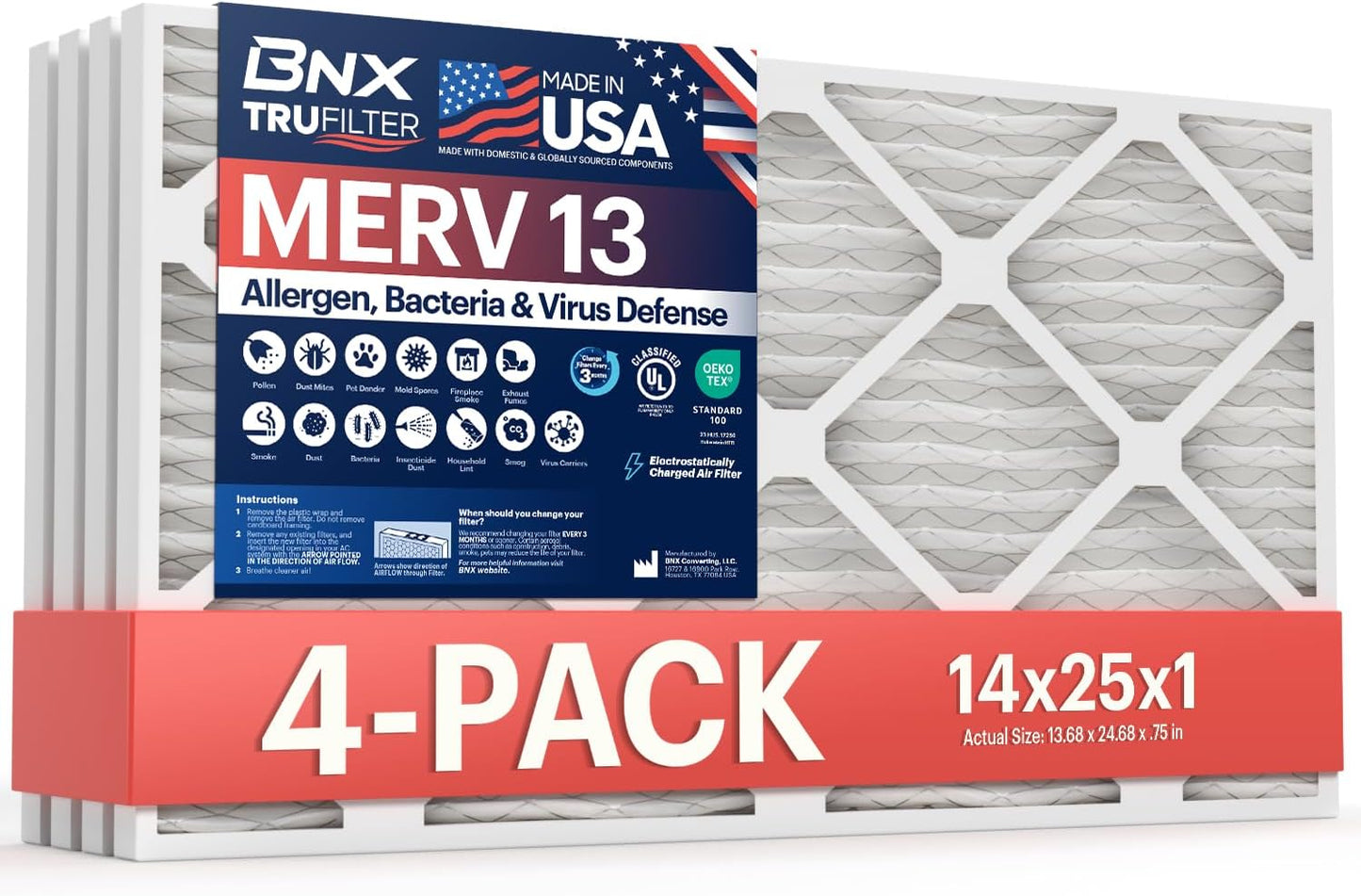 BNX TruFilter 20x20x1 MERV 13 (4-Pack) AC Furnace Air Filter - MADE IN USA - Electrostatic Pleated Air Conditioner HVAC AC Furnace Filters - Removes Pollen, Mold, Bacteria, Smoke