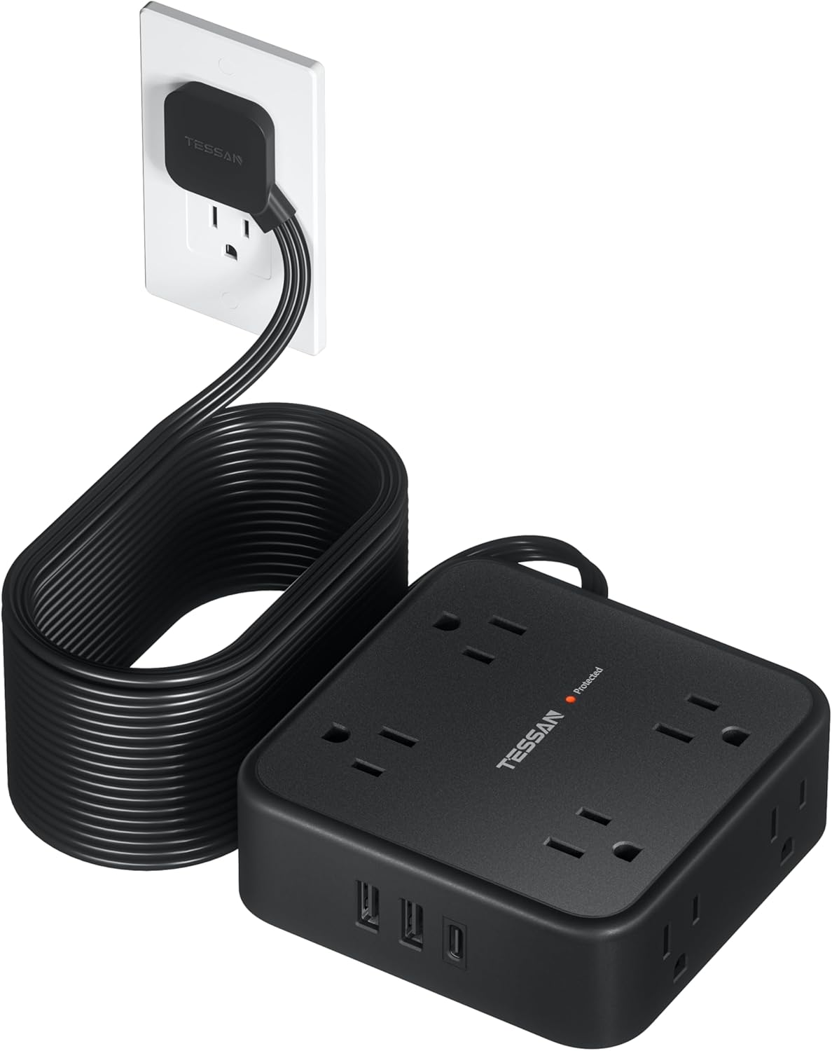 TESSAN Surge Protector Power Strip, 5 Ft Flat Plug Extension Cord with 3 USB (1 USB C) 8 Outlets, 1250W, 900J Protection, 3 Sided Outlet Extender with Power Switch for Office, Dorm Room Essentials