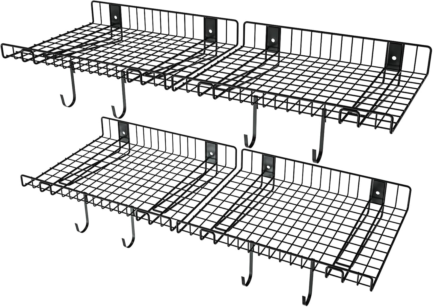 4 Pack Garage Wall Shelf, Garage Wall Mounted Shelving, Heavy Duty Floating Shelves With 8 Hooks, Loads 180 LBS Black Wall Shelves Mesh Storage Rack for Office, Basement, Wall Cabinet and Kitchen
