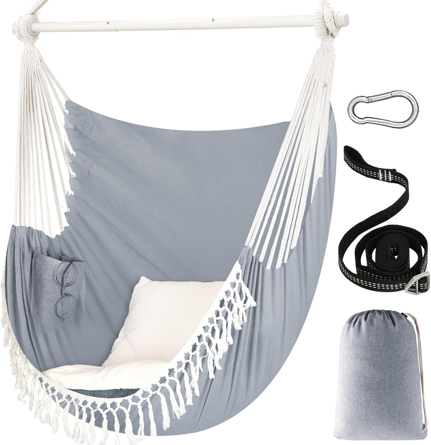 Chihee Hammock Chair Hanging Swing Max 500 Lbs 2 Cushions Included Steel Spreader Bar with Anti-Slip Grooves Portable Hanging Chair Side Pocket Large Macrame Bohemian Chair Indoor Outdoor