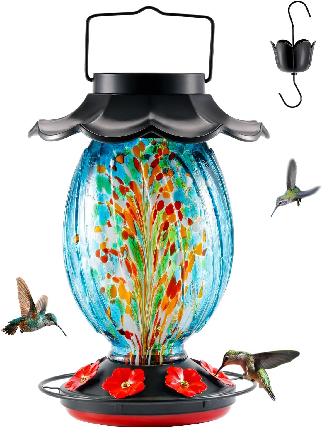 HouseSapp Solar Hummingbird Feeder - 49 fl.oz Hand Blown Glass Color Changing - 7 Feeding Ports with Perch - Never Leak - Perfect Hummingbird Feeder
