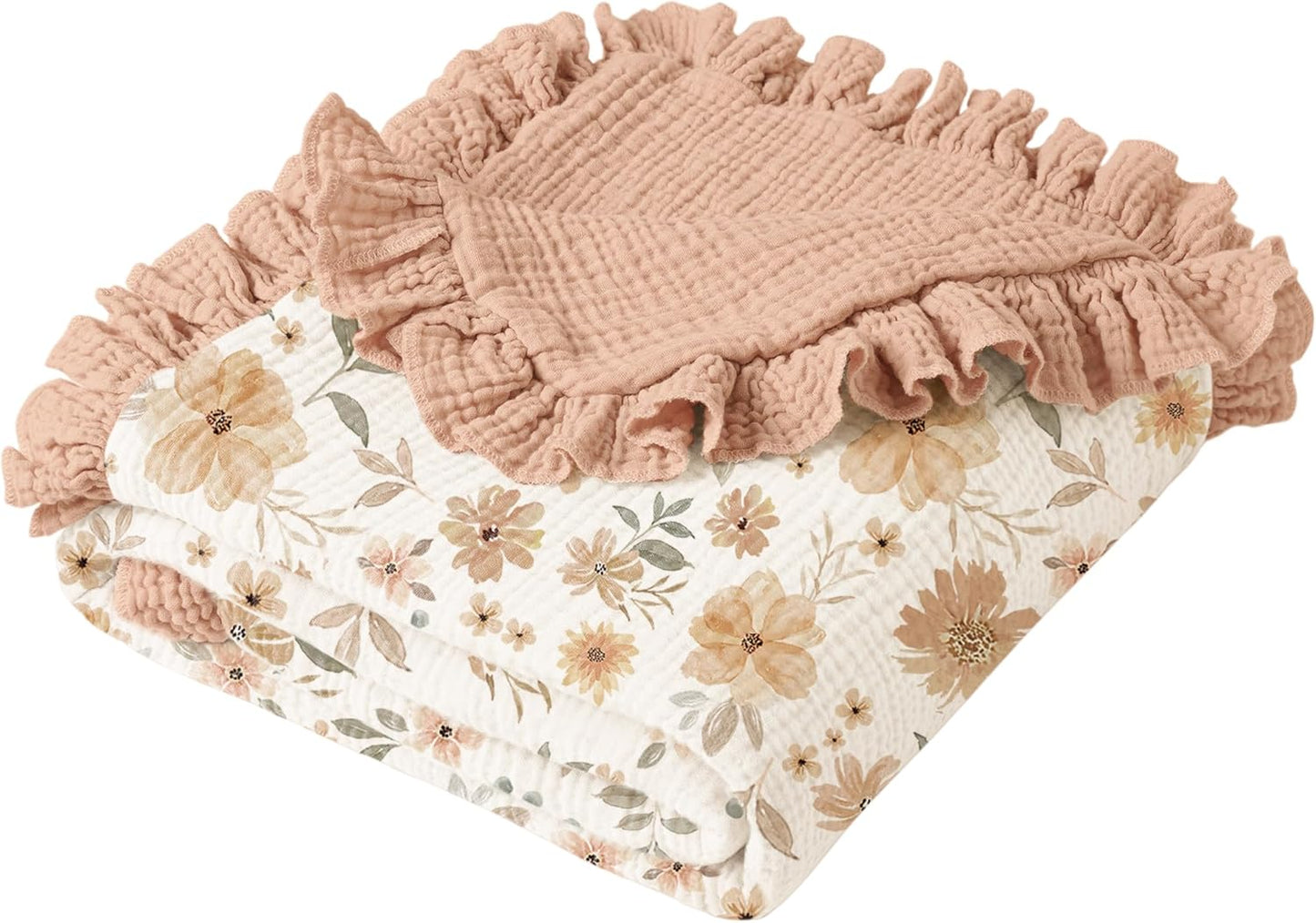 Konssy Flounce Muslin Baby Blanket for Girls Boys, 100% Cotton Soft Crib Swaddle Blankets, Reversible & Breathable Nursery Bedding for Newborns Toddlers, 40 x 36 Inches (Petal Dream)