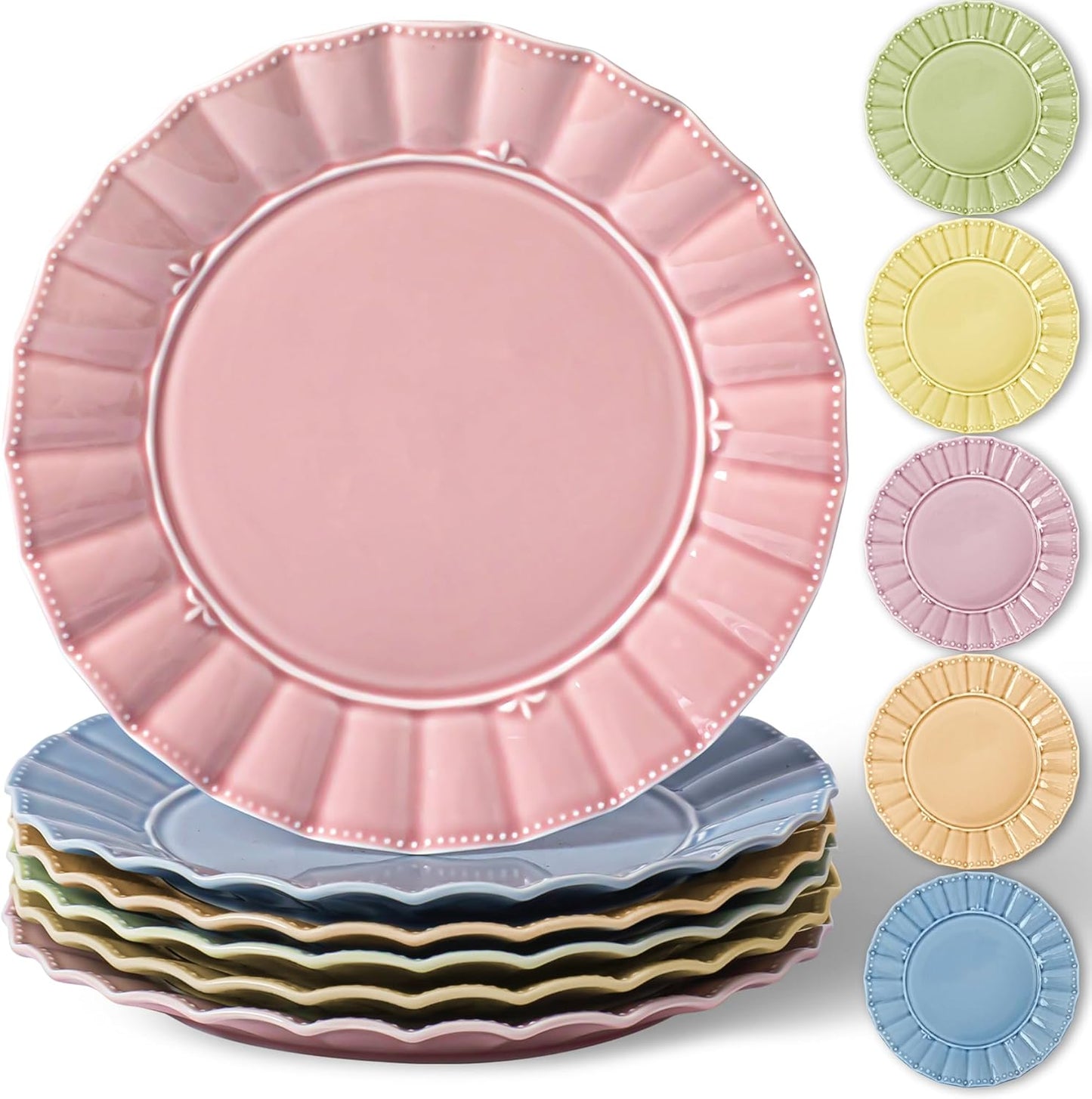 HOMBENE Dessert Plates 8 Inches Set for 6 Ceramic Serving Plates, Plates for Cake Waffles,Wavy Style, Snacks, Pasta, Noodle,Dinner, Microwave & Dishwasher Safe (Mint Glow Green)