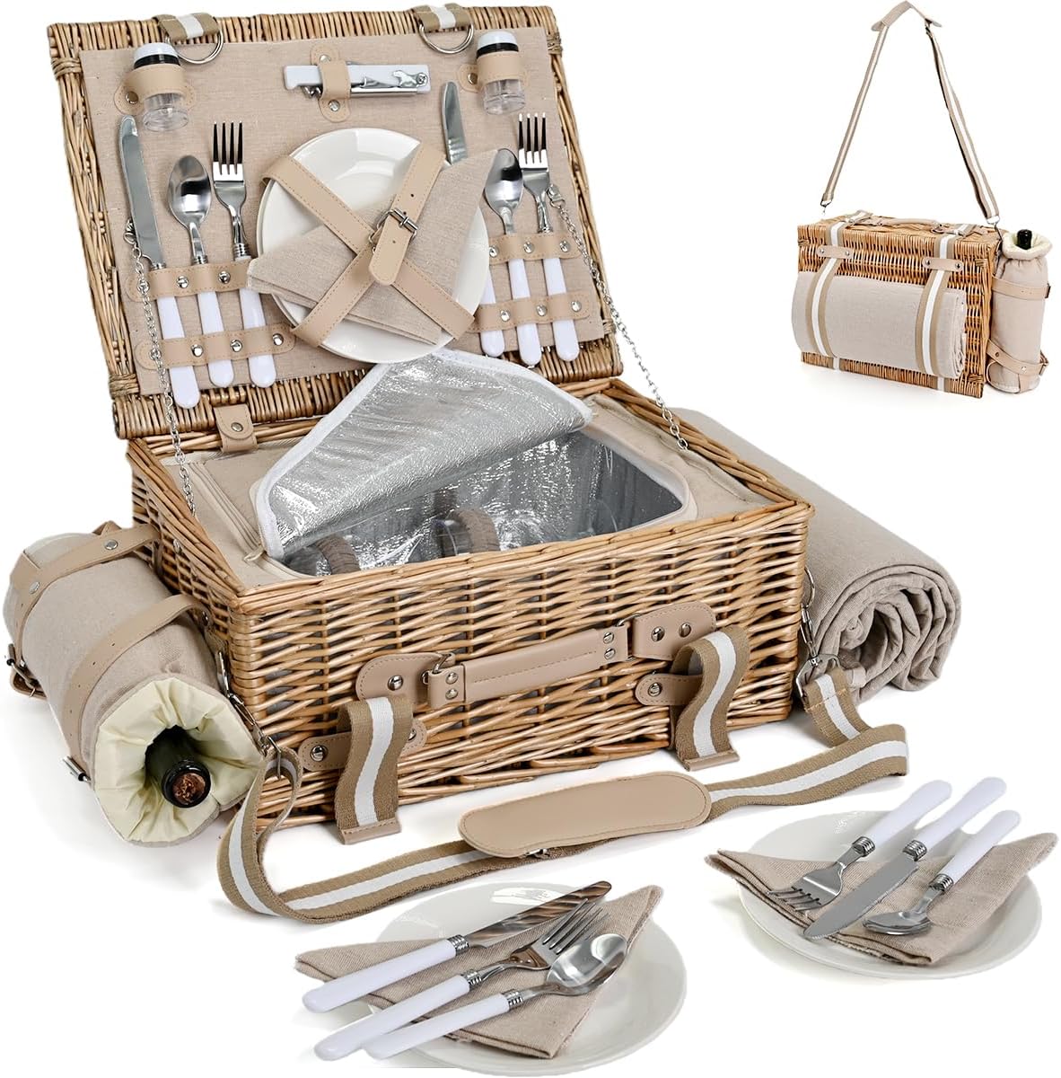31Pcs Picnic Basket Set for 4 with Insulated Liner and Waterproof Blanket Wine Pouch, Large Wicker Picnic Hamper for Camping,Outdoor,Valentine Birthday Christmas for Couples