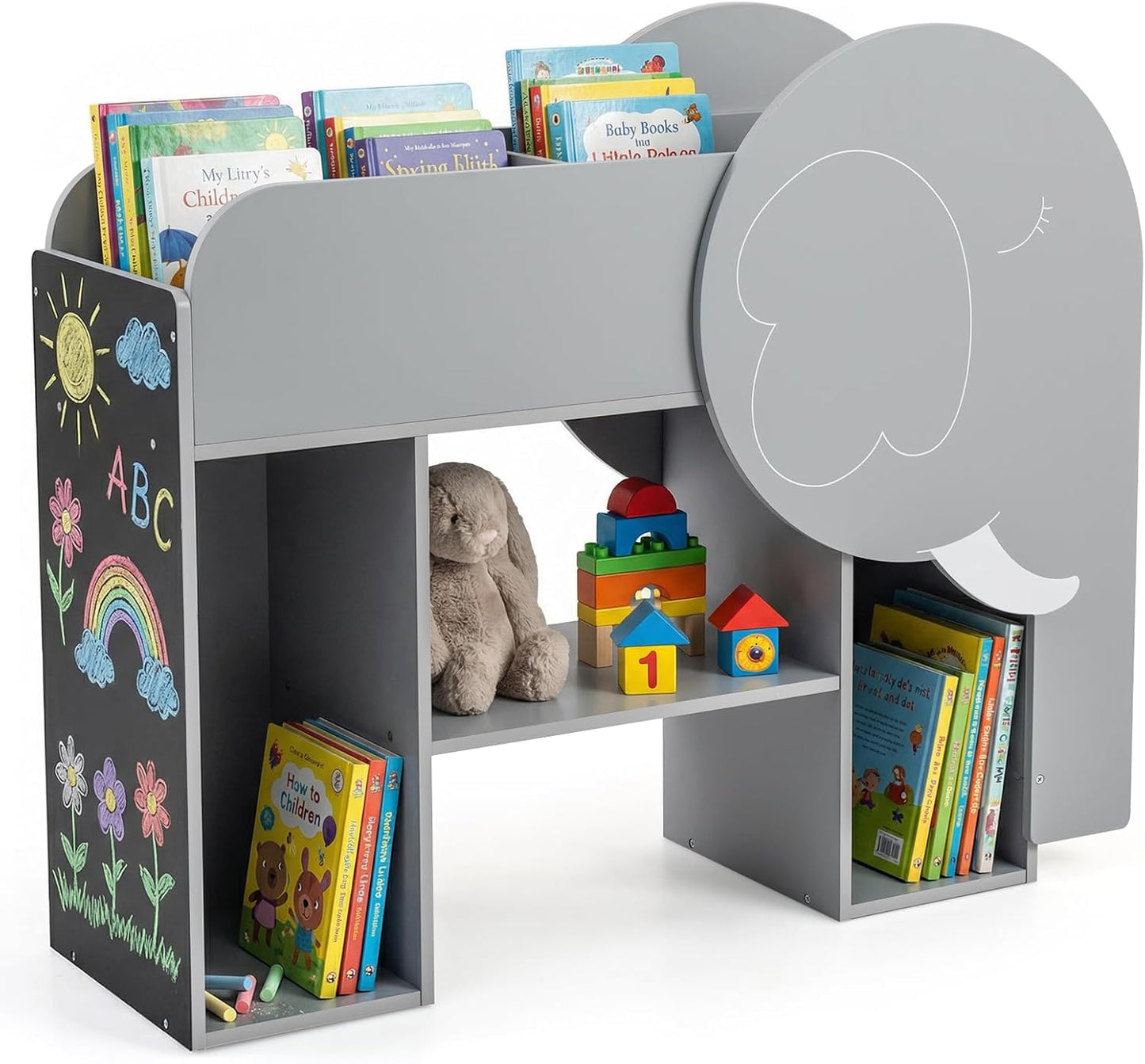 Costzon Rocket Kids Bookshelf, Toddler Toy Storage Organizer w/Chalkboard, 2 Cubbies and Open Shelf, Wooden Children Bookcase for Classroom, Playroom, Daycare, Nursery (White Rocket)