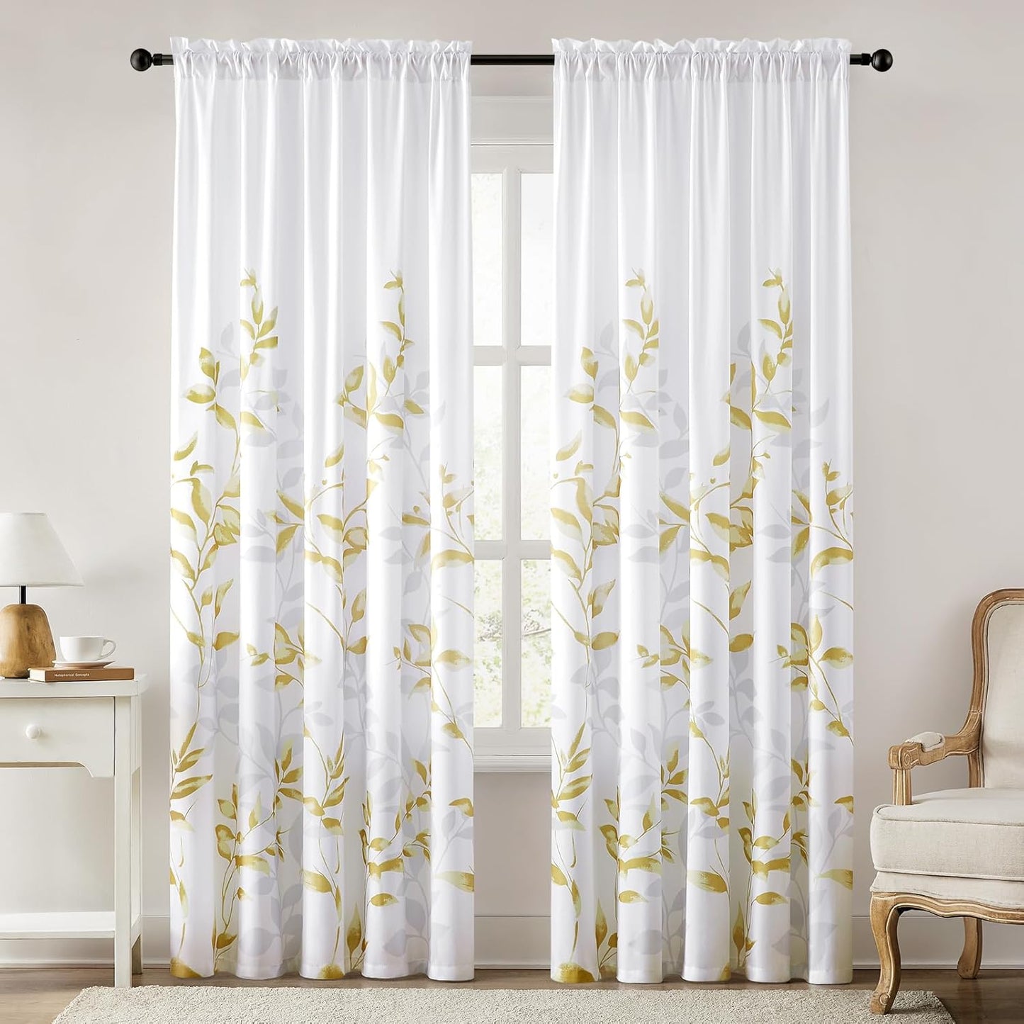 HOMEIDEAS Non-See-Through Pink and White Privacy Sheer Curtains 52 X 63 Inch Length 2 Panels, Leaf Floral Printed Light Filtering Semi Sheer Window Curtains Drapes for Bedroom Living Room