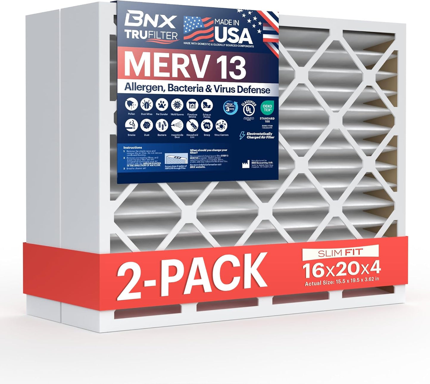 BNX TruFilter 20x20x1 MERV 13 (4-Pack) AC Furnace Air Filter - MADE IN USA - Electrostatic Pleated Air Conditioner HVAC AC Furnace Filters - Removes Pollen, Mold, Bacteria, Smoke