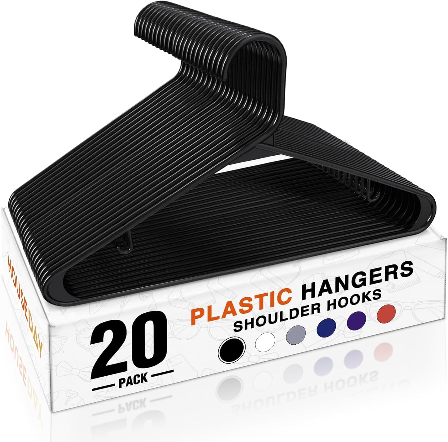 HOUSE DAY White Plastic Hangers 50 Pack, Plastic Clothes Hangers with Built-in Hooks, Durable and Strong Plastic Coat Hangers for Closet, Space Saving Clothing Hanger for Shirts, Coats, Skirt, Dress