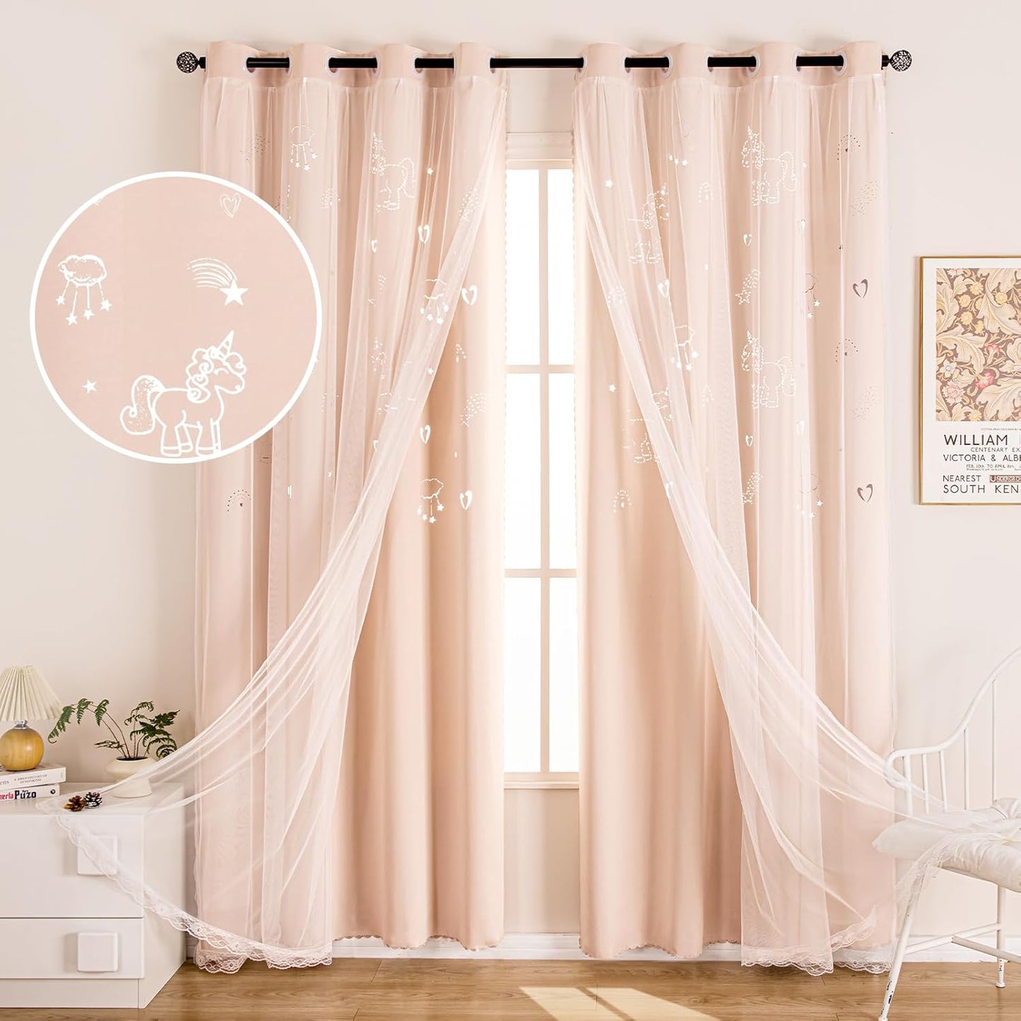 UNISTAR 2 Panels Stars Blackout Curtains for Bedroom Girls Kids Baby Window Decoration Double Layer Star Cut Out Aesthetic Living Room Decor Wall Home Curtain,W52 x L63 Inches,Pink
