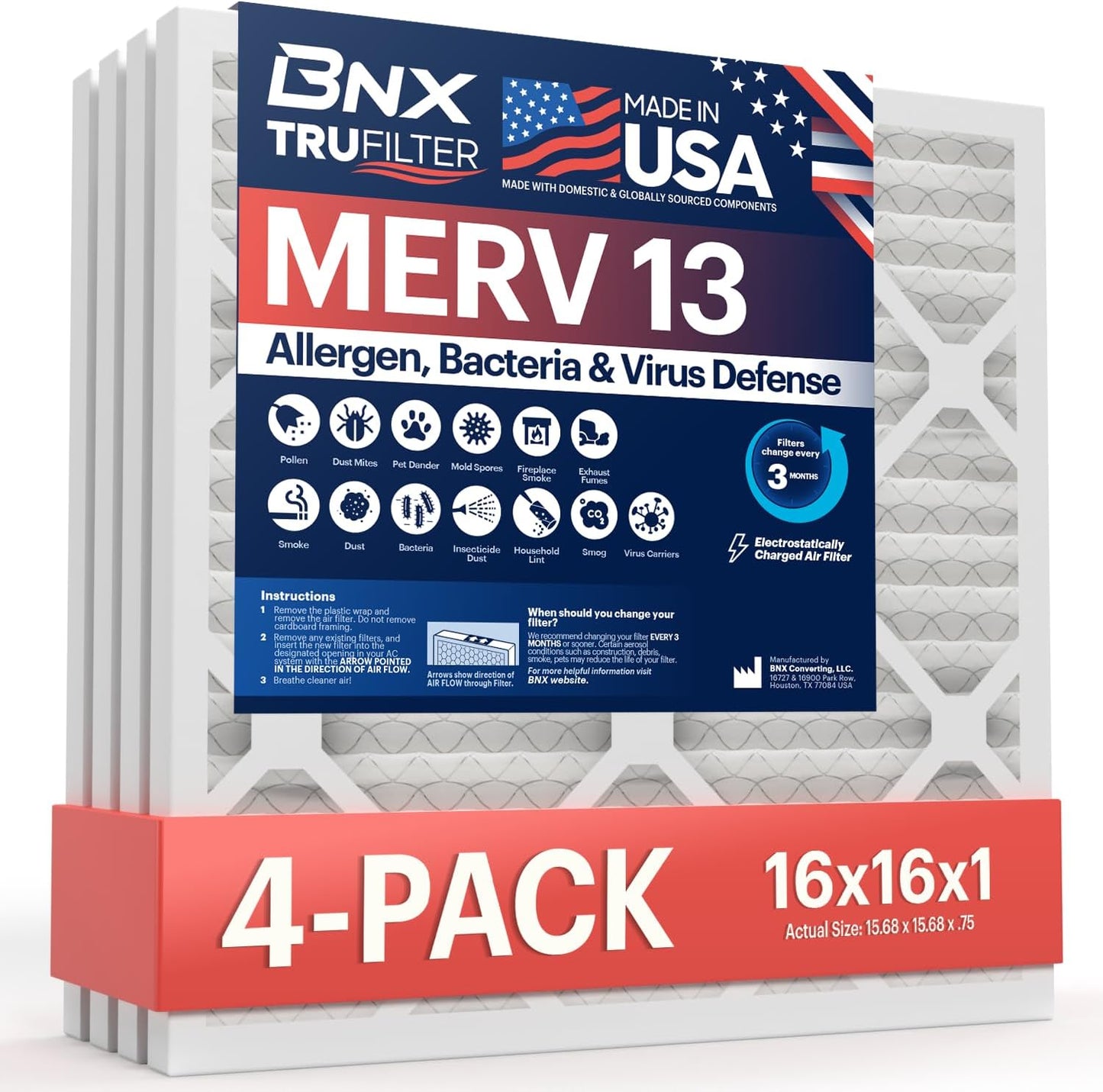 BNX TruFilter 20x20x1 MERV 13 (4-Pack) AC Furnace Air Filter - MADE IN USA - Electrostatic Pleated Air Conditioner HVAC AC Furnace Filters - Removes Pollen, Mold, Bacteria, Smoke