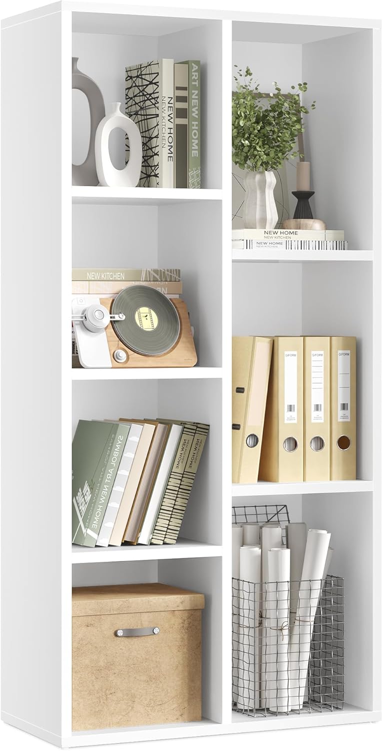 VASAGLE Bookcase, Bookshelf, Freestanding Storage Unit, 8 Open Compartments, Used Horizontally, Vertically, Upside Down, 11 x 35.4 x 39.4 Inches, for Living Room, Study, Office, Cloud White ULBC55WT