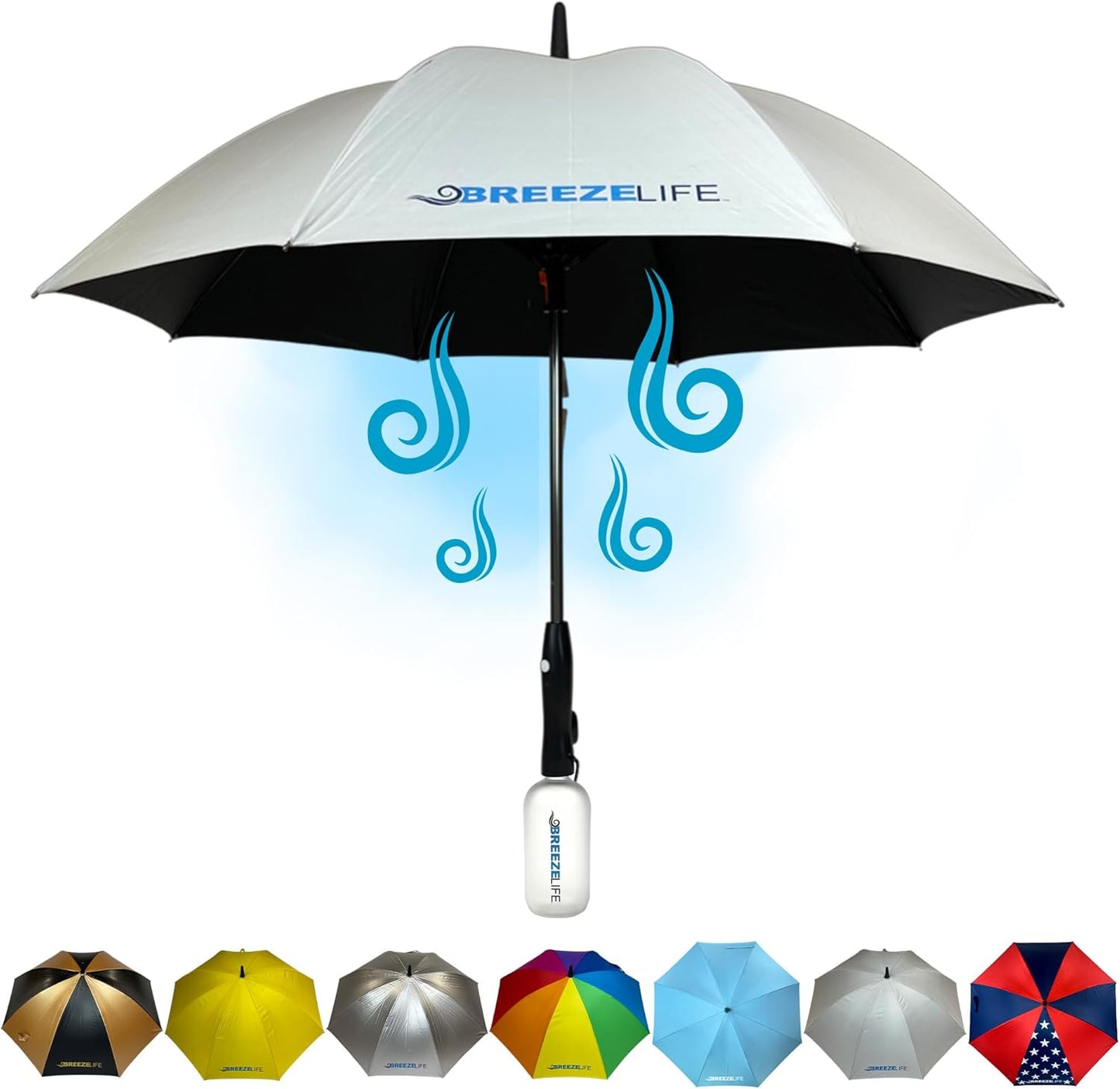 Breeze Life Original Mister Breeze (Silver Design) – Sun Umbrella with Fan and Mist Spray – Portable Fan Umbrella with Mister, 41" UV Shade, 3–4 Hr Runtime – Ideal for Festivals, Beach & Sports