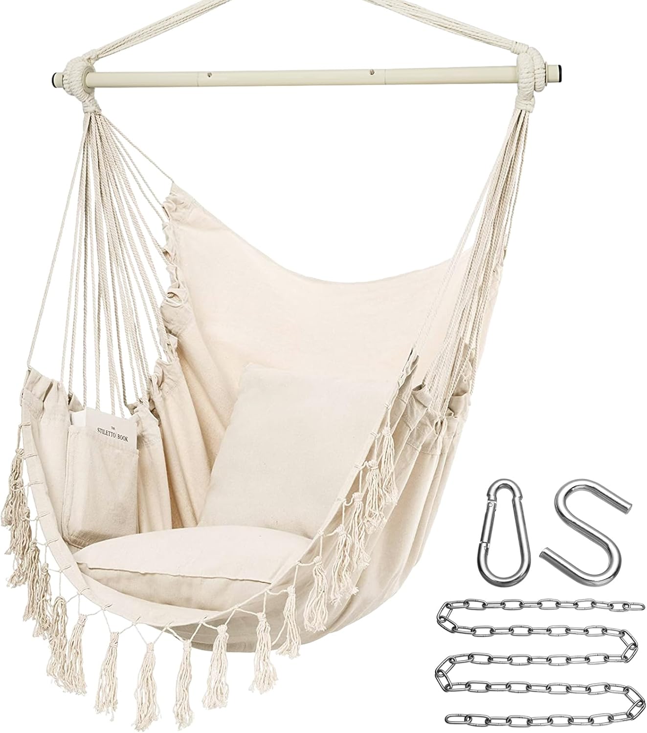 Y- STOP Hammock Chair Hanging Rope Swing Chair, Max 500 Lbs, 2 Seat Cushions Included, Removable Steel Spreader Bar with Anti-Slip Rings, Hardware kit-for Indoor Outdoor(Dark Grey) pcs