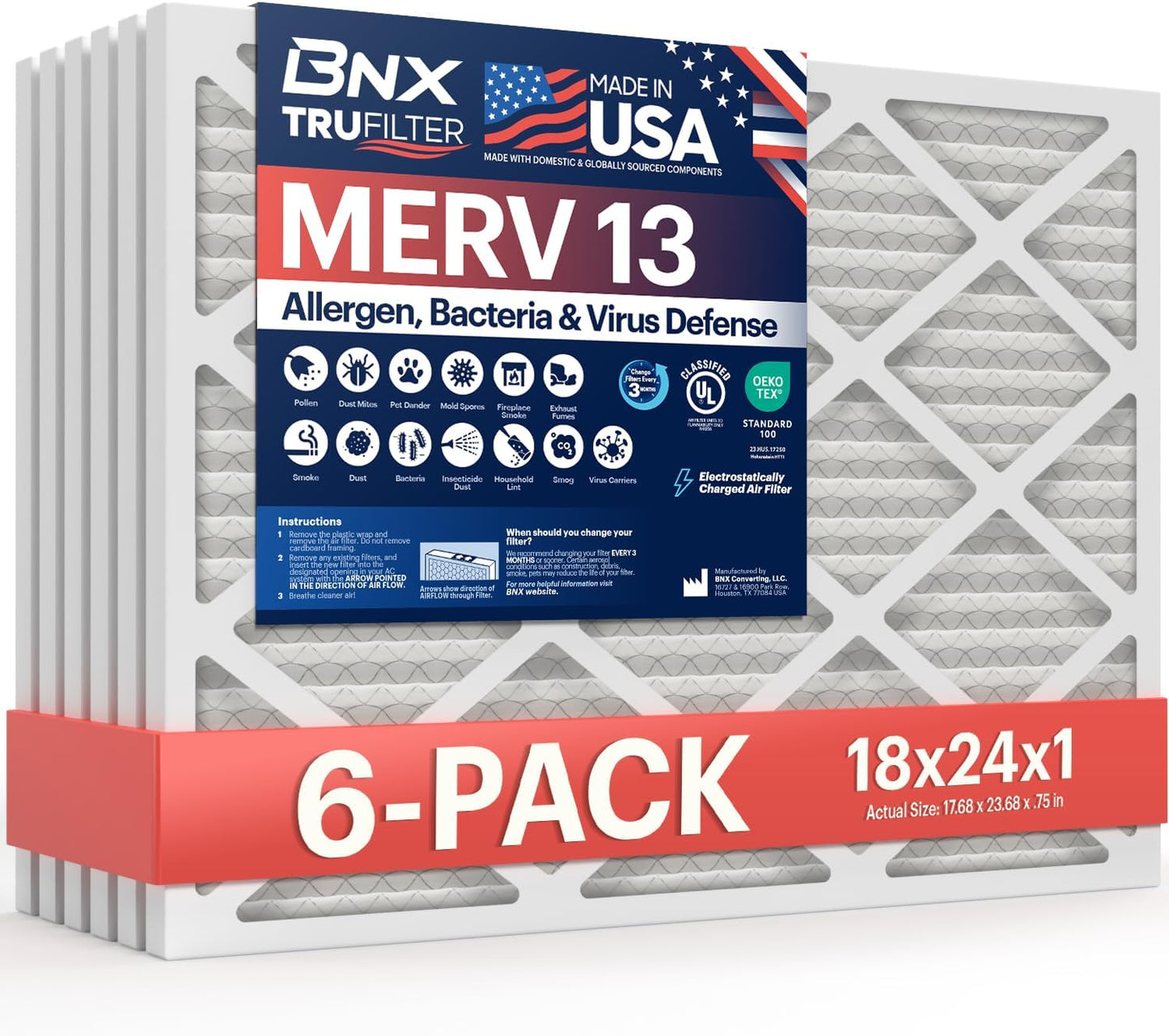 BNX TruFilter 20x20x1 MERV 13 (4-Pack) AC Furnace Air Filter - MADE IN USA - Electrostatic Pleated Air Conditioner HVAC AC Furnace Filters - Removes Pollen, Mold, Bacteria, Smoke