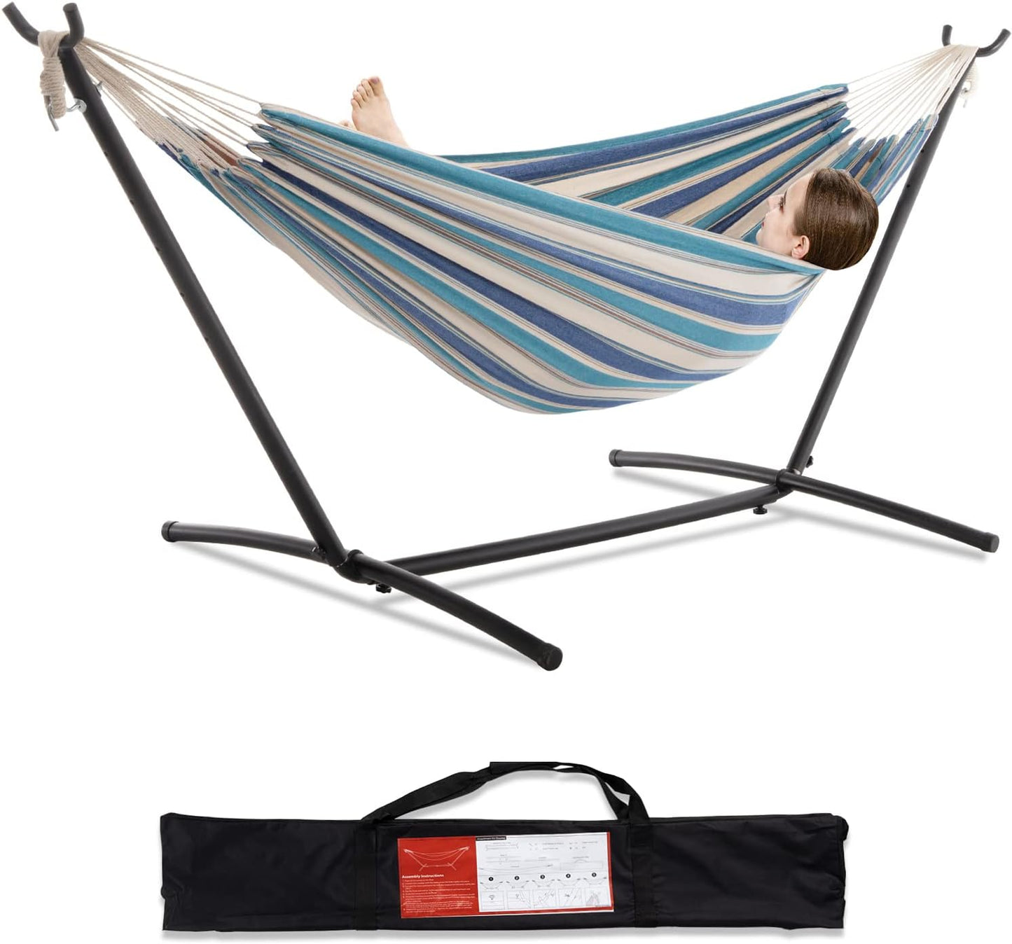 PNAEUT Double Hammocks with Stand for Outside, Portable Space Saving Heavy-Duty Steel Frame for Indoor Outdoor Patio Yard, Easy Assembly, 2 Person 450 lbs Capacity (Coffee)