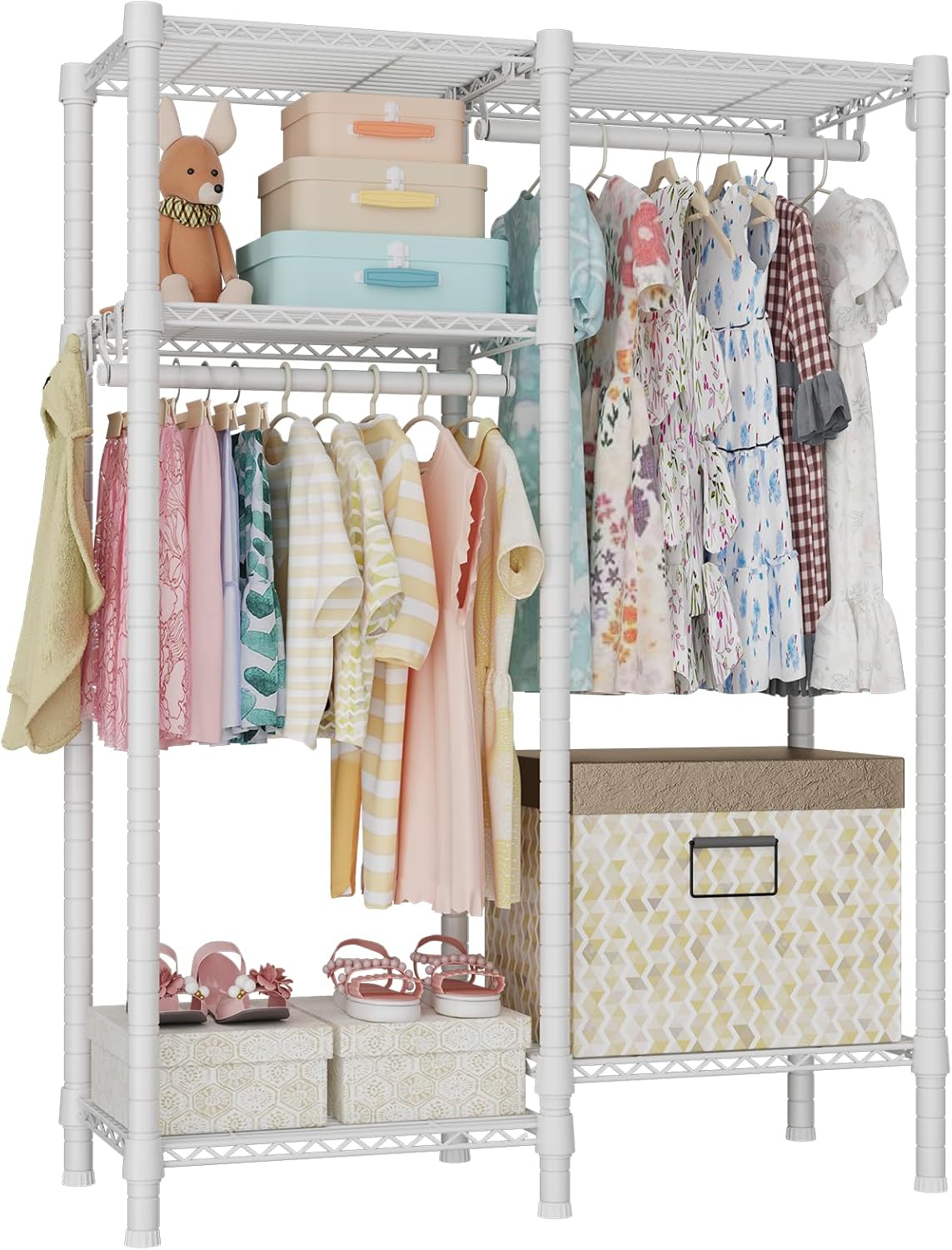Ulif F1 Clothes Rack for Kids, Baby, Students, and Children's Room, 4 Tiers Portable Metal Closet Clothing Rack, Small Garment Rack with 2 Hanging Rod, 31.2" W x 11.8" D x 48" H, Pink