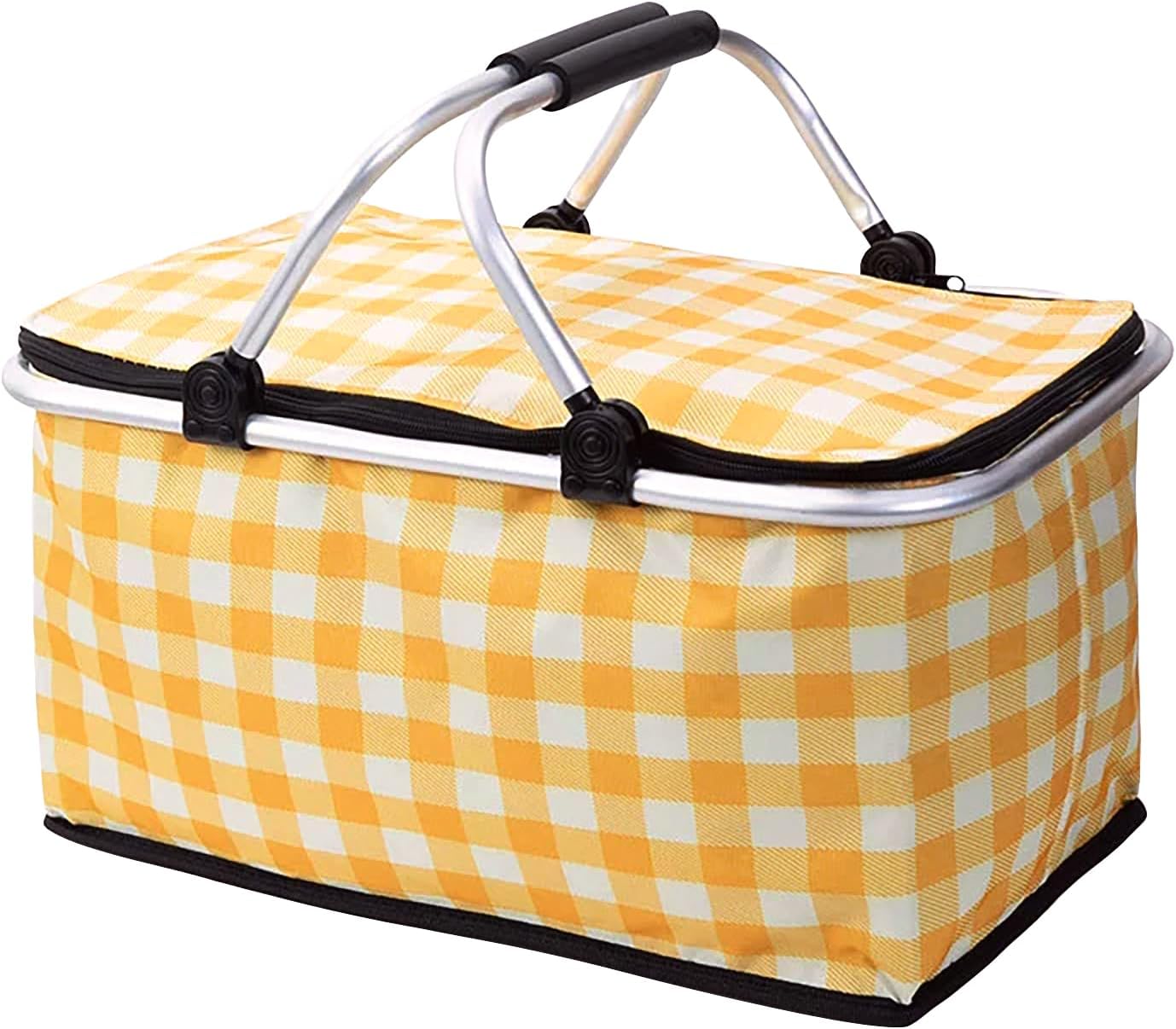 Insulated Picnic Basket，Collapsible Picnic Basket，30L Large Market Basket with Lid，2 Sturdy Handles，Storage Basket for Picnic，for Food Delivery，Take Outs，Market Shopping，Travel(Yellow Grid)