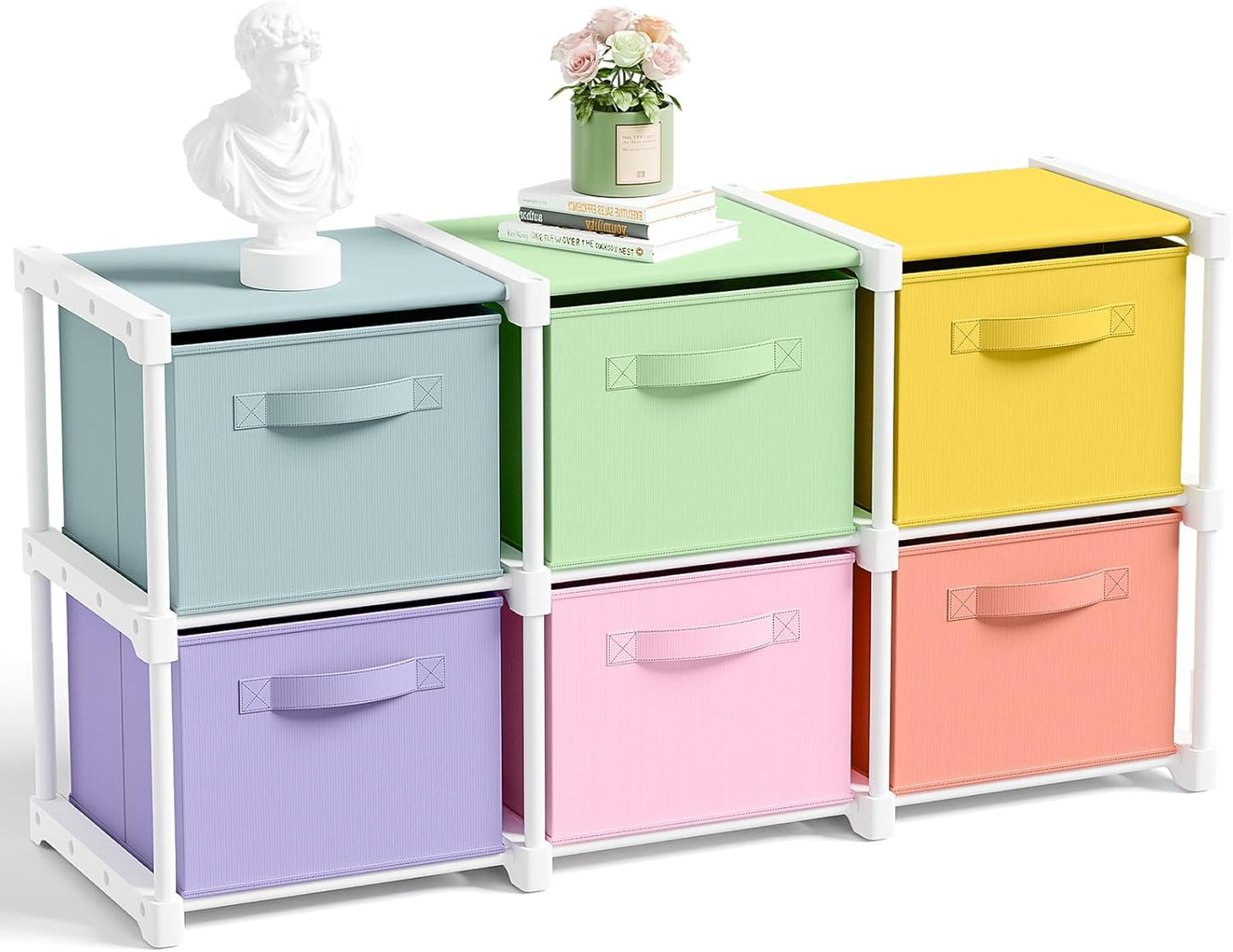 Thyle Large Cube Storage Organizer Shelf with 6 Bins 14 Inch Fabric Collapsible Cubby Storage Drawers Shelving Unit for Christmas Ornaments Clothes Toys Craft(Gray-white,Minimalist)