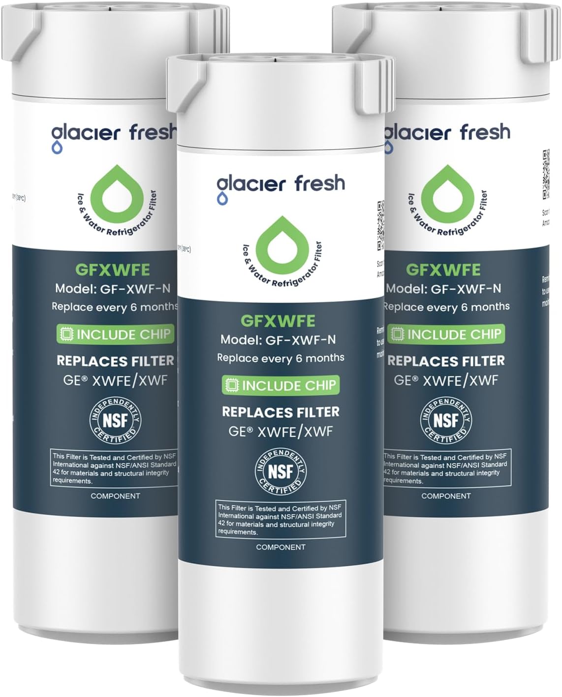 GLACIER FRESH Water Filter Compatible with XWFE (Built-in CHIP), Replacement for GE XWFE, XWF Refrigerator Water Filter NSF/ANSI 42 Certification Pack of 1
