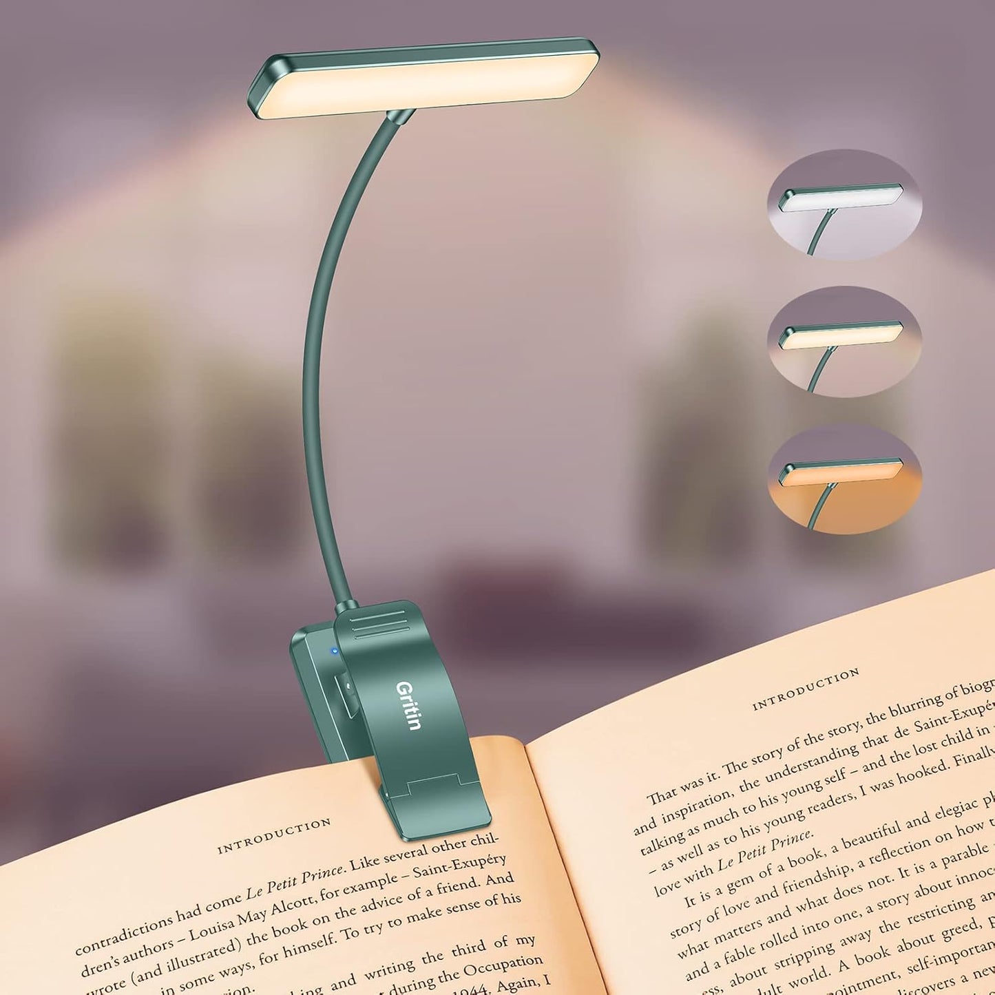 Gritin 19 LED Rechargeable Book Light for Reading in Bed with Memory Function- Eye Caring 3 Color Temperatures,Stepless Dimming Brightness,90 Hrs Runtime Lightweight Clip on Light for Book Lovers