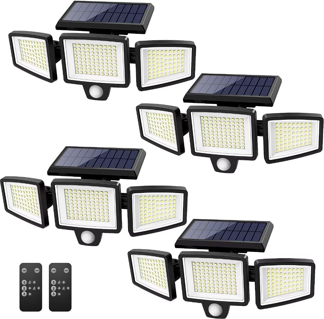 Tuffenough Solar Outdoor Lights 2500LM 210 LED Security Lights with Remote Control,3 Heads Motion Sensor Lights, IP65 Waterproof,270° Wide Angle Flood Wall Lights with 3 Modes(2 Packs)