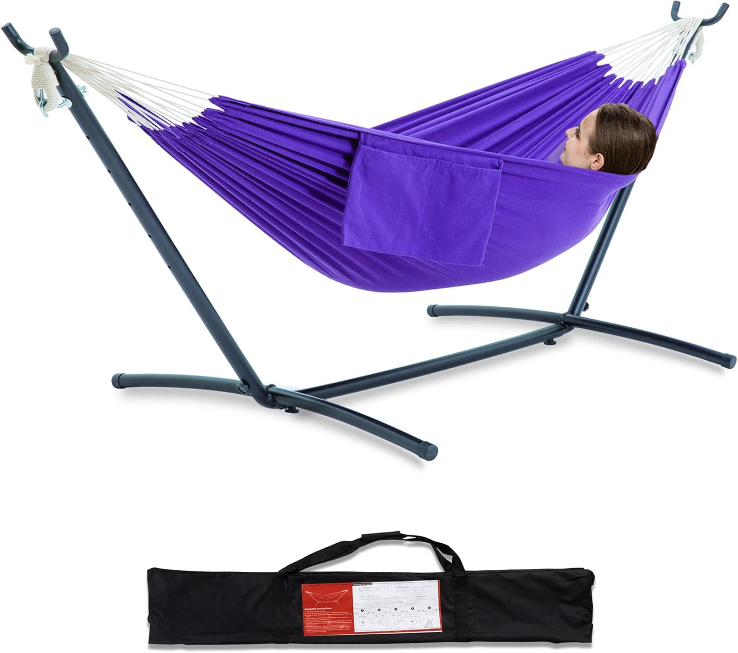 PNAEUT Double Hammocks with Stand for Outside, Portable Space Saving Heavy-Duty Steel Frame for Indoor Outdoor Patio Yard, Easy Assembly, 2 Person 450 lbs Capacity (Coffee)