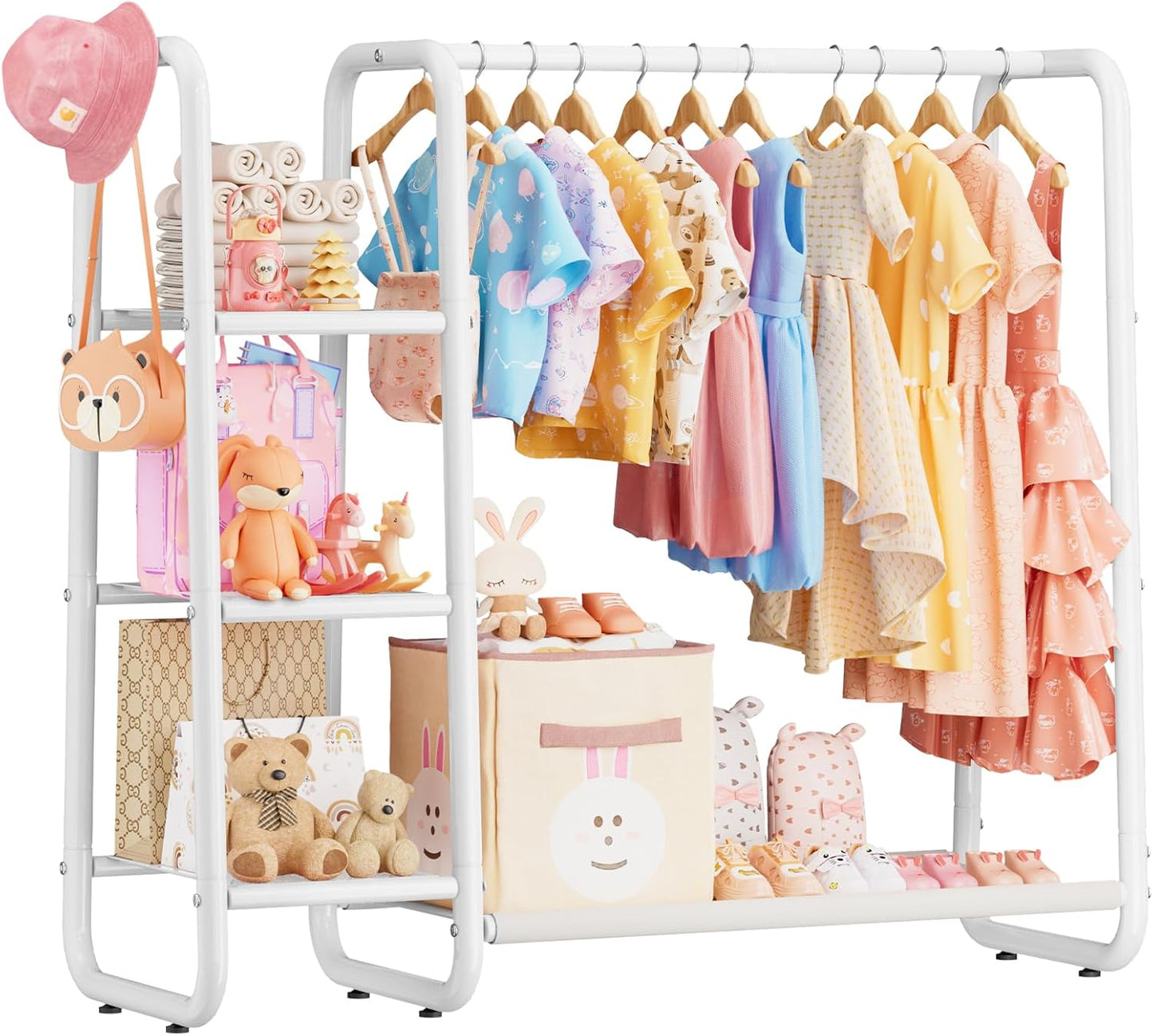 Kids Dress Up Storage with 4 Storage Shelf, More Storage Space Kids Clothing Rack for Costume Organizer Playroom Kids Girls Bedroom Nursery Organizer (Classic, White)