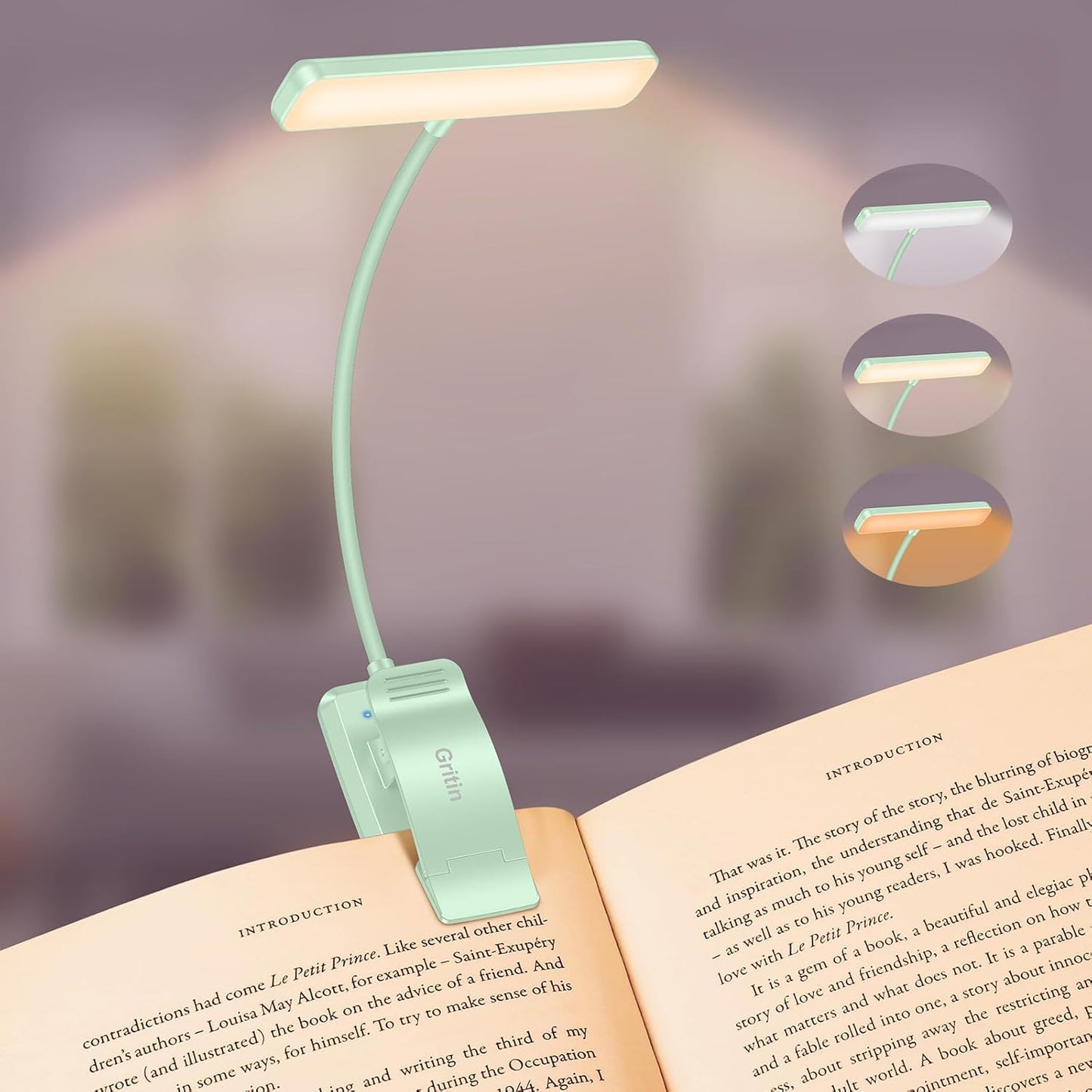 Gritin 19 LED Rechargeable Book Light for Reading in Bed with Memory Function- Eye Caring 3 Color Temperatures,Stepless Dimming Brightness,90 Hrs Runtime Lightweight Clip on Light for Book Lovers