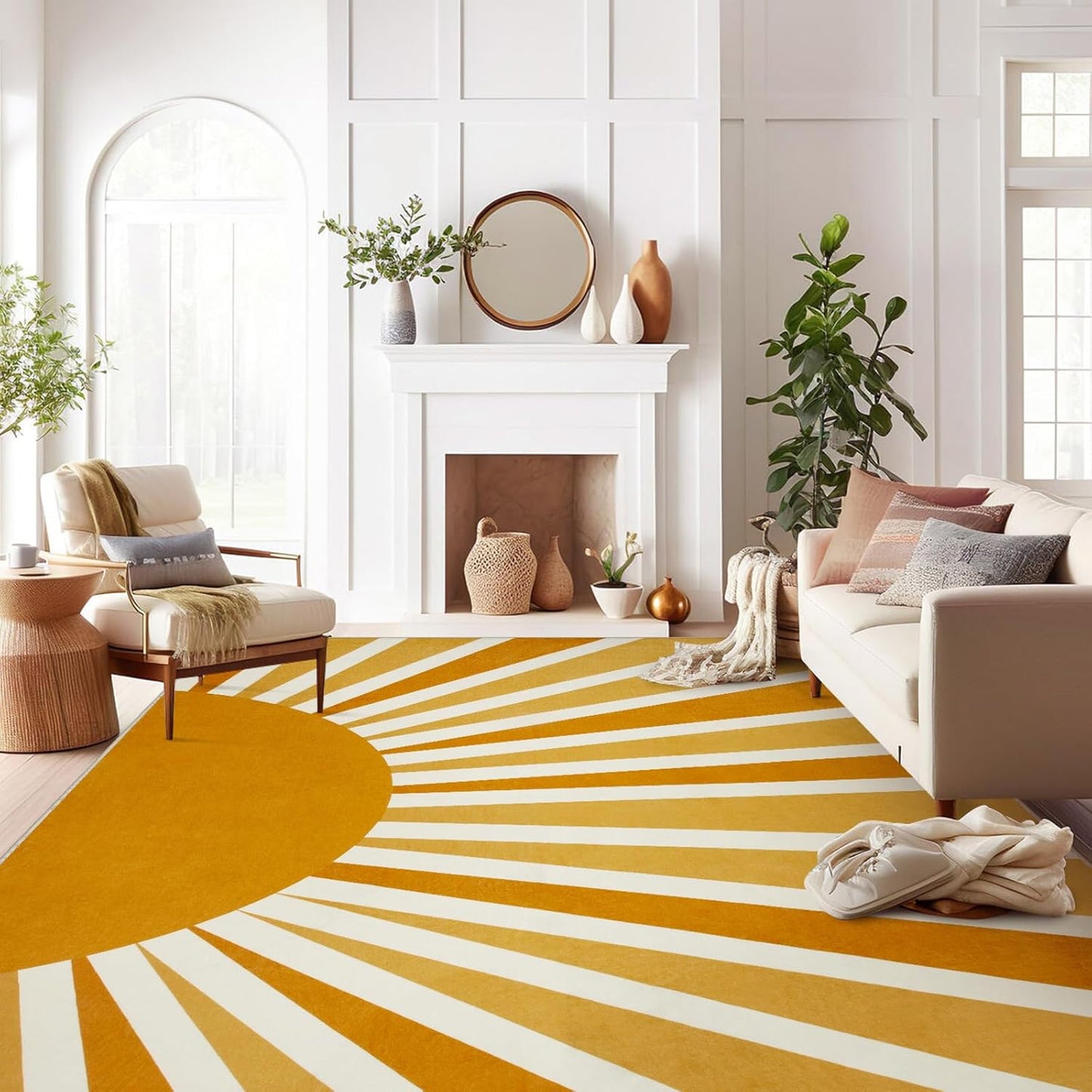 Lahome Boho Round Rugs - 4Ft Washable Non-Slip Small Round Area Rug Throw Soft Sofa Kids Nursery Room Rug Rainbow Sun Print Distressed Round Carpet for Bedroom Entryway Living Room Dining Room