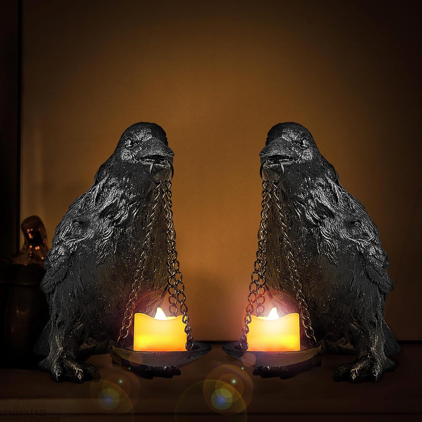 Gothic Crow Lamp with Tealight Candle Holder Resin Raven Decor Statue Gothic Home Decor for Bedroom Unique Goth Gifts Black