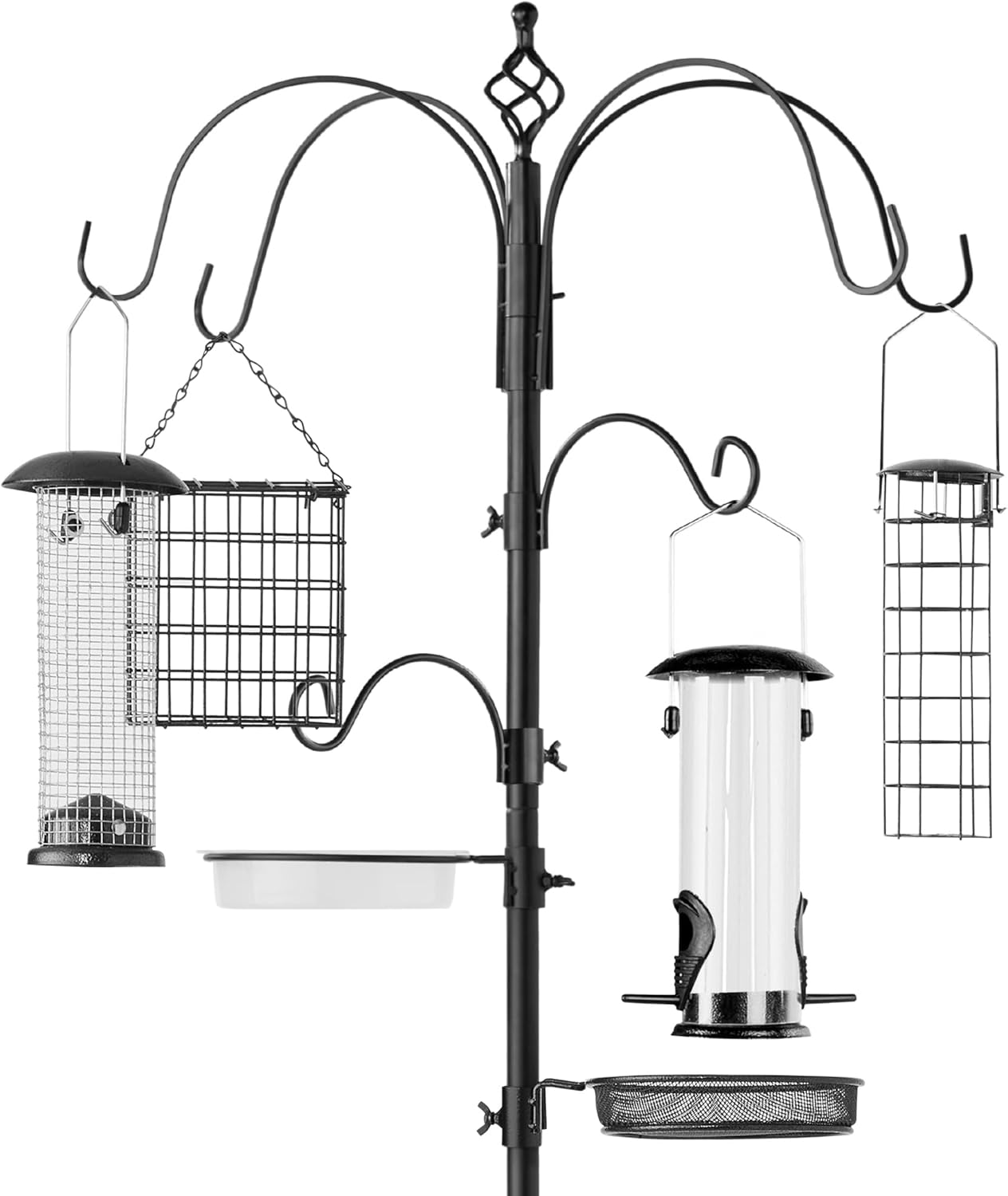 Best Choice Products 6-Hook Bird Feeding Station, Steel Multi-Feeder Kit Stand for Attracting Wild Birds w/ 4 Bird Feeders, Mesh Tray, Bird Bath, 5-Prong Base - Black