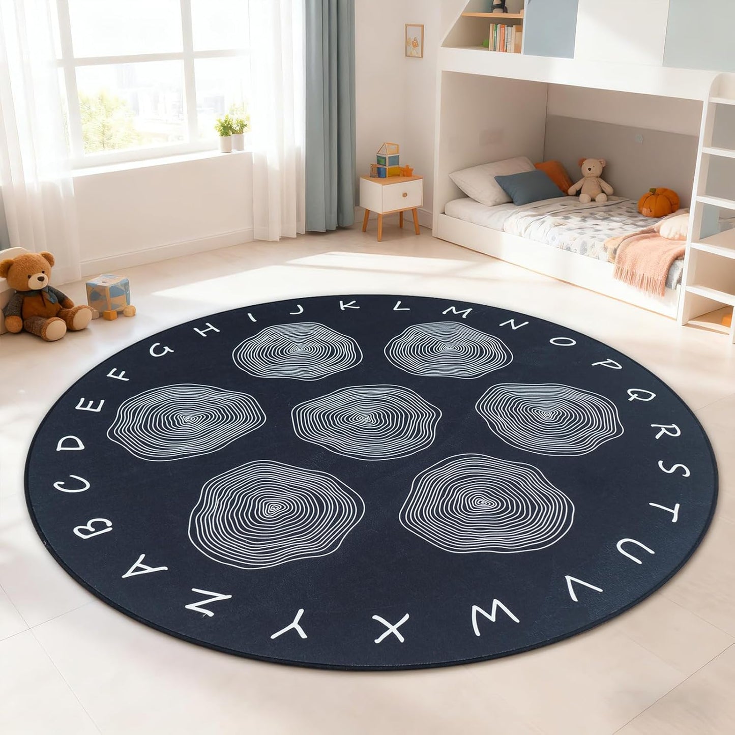 Large Classroom Rugs, ABC Alphabet Educational Area Rug for Kids,6ft Non-Slip Circle Abstract Carpet for Girls and Boys Bedroom,Carpet for Elementary Classroom,Play Rug 7 Seats,Nursery Rugs Washable