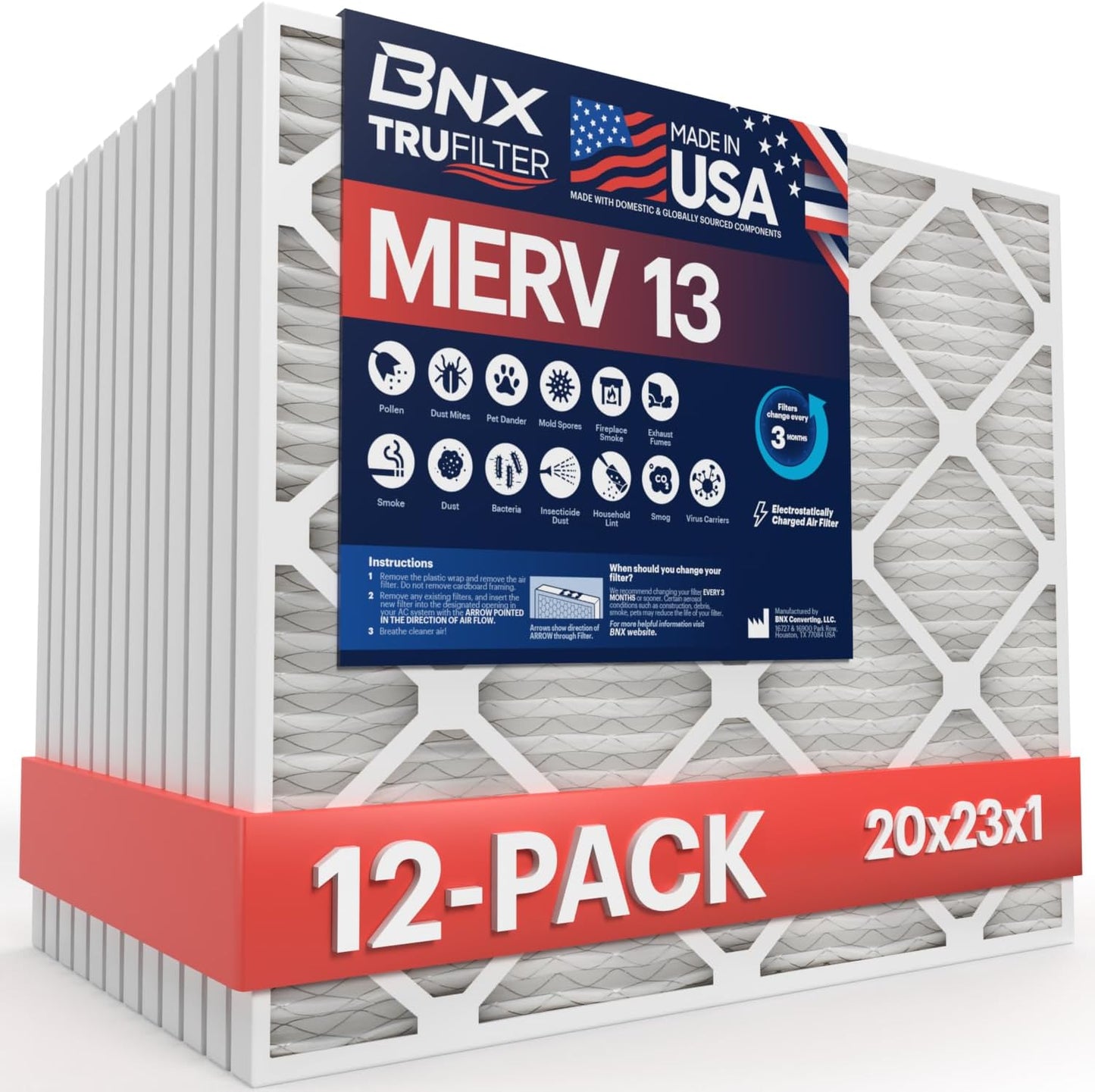 BNX TruFilter 20x20x1 MERV 13 (4-Pack) AC Furnace Air Filter - MADE IN USA - Electrostatic Pleated Air Conditioner HVAC AC Furnace Filters - Removes Pollen, Mold, Bacteria, Smoke