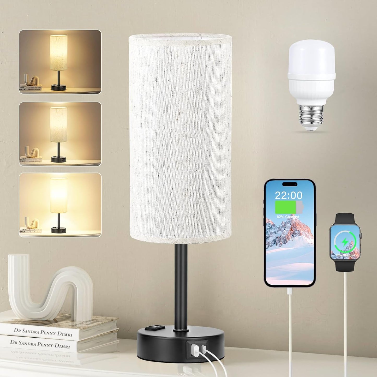 Fenmzee Bedside Table Lamp for Bedroom - 3 Way Dimmable Touch Lamp USB C Charging Ports and AC Outlet, Small Lamp Wood Base Round Flaxen Fabric Shade for Living Room, Desk, LED Bulb Included