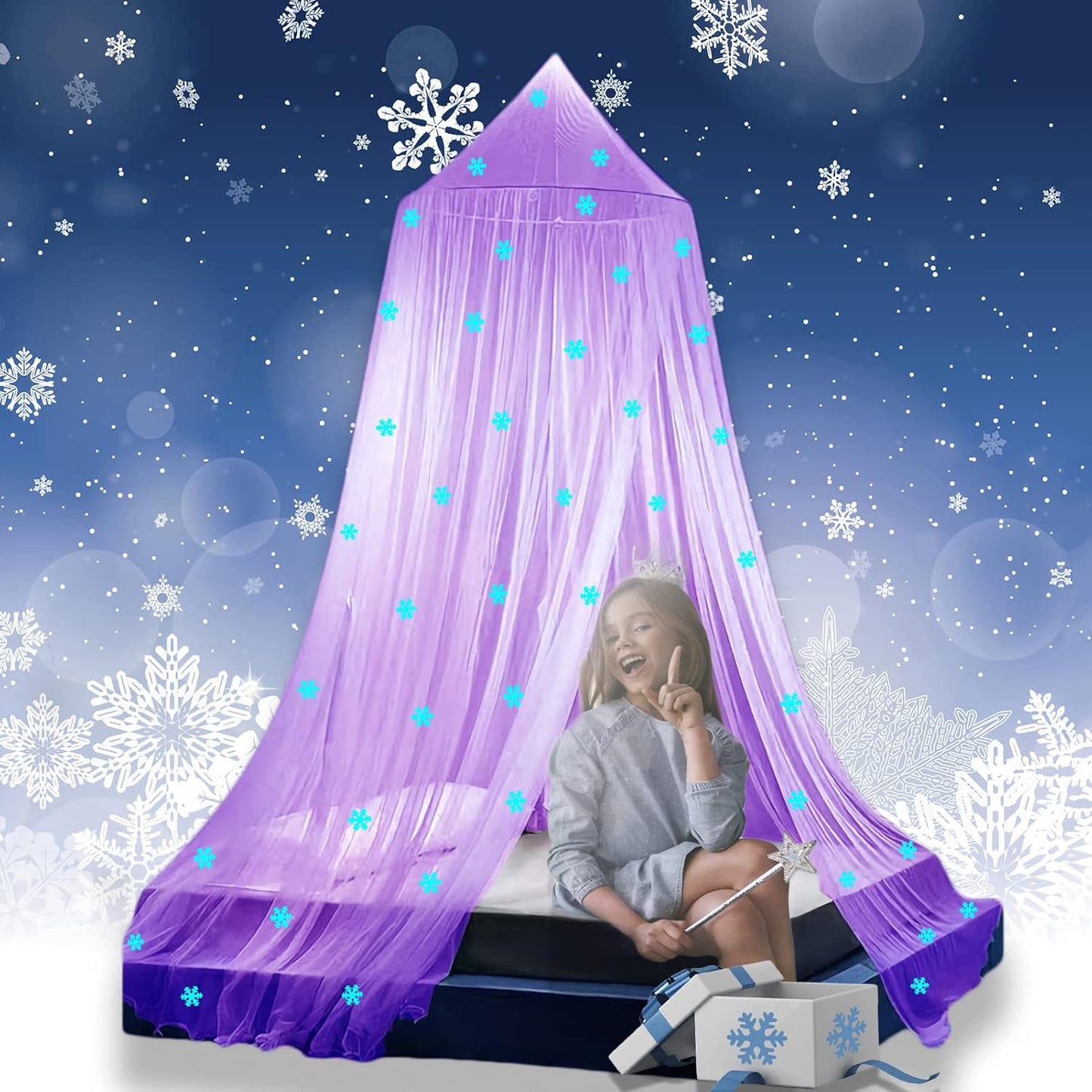 Eimilaly Bed Canopy for Girls Mosquito Net, Princess Bed Canopy for Girls Room Decor - Insect Protection Hanging Canopy for Indoor(Pink,Stars Glow in the Dark)