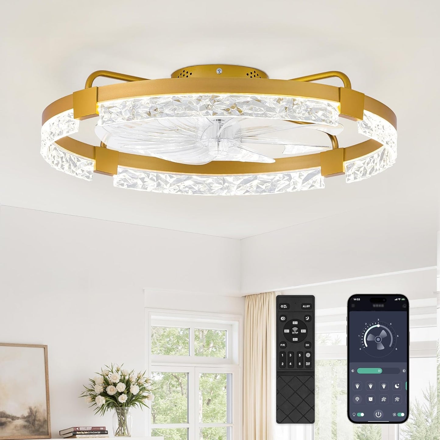 LEDIARY 20 Inch Low Profile Ceiling Fans with Lights and Remote, Fandelier Ceiling Fan Flush Mount, 3000K-6000K Dimmable LED Fan Light, White Modern Ceiling Fans with Lights for Bedroom