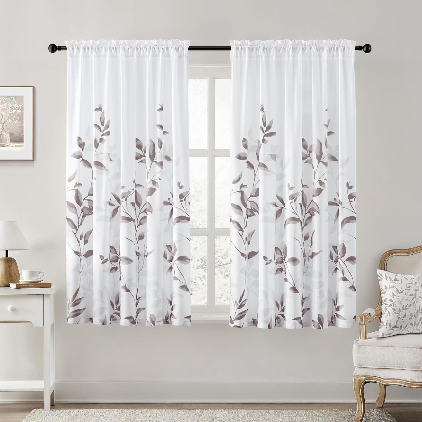 HOMEIDEAS Non-See-Through Pink and White Privacy Sheer Curtains 52 X 63 Inch Length 2 Panels, Leaf Floral Printed Light Filtering Semi Sheer Window Curtains Drapes for Bedroom Living Room