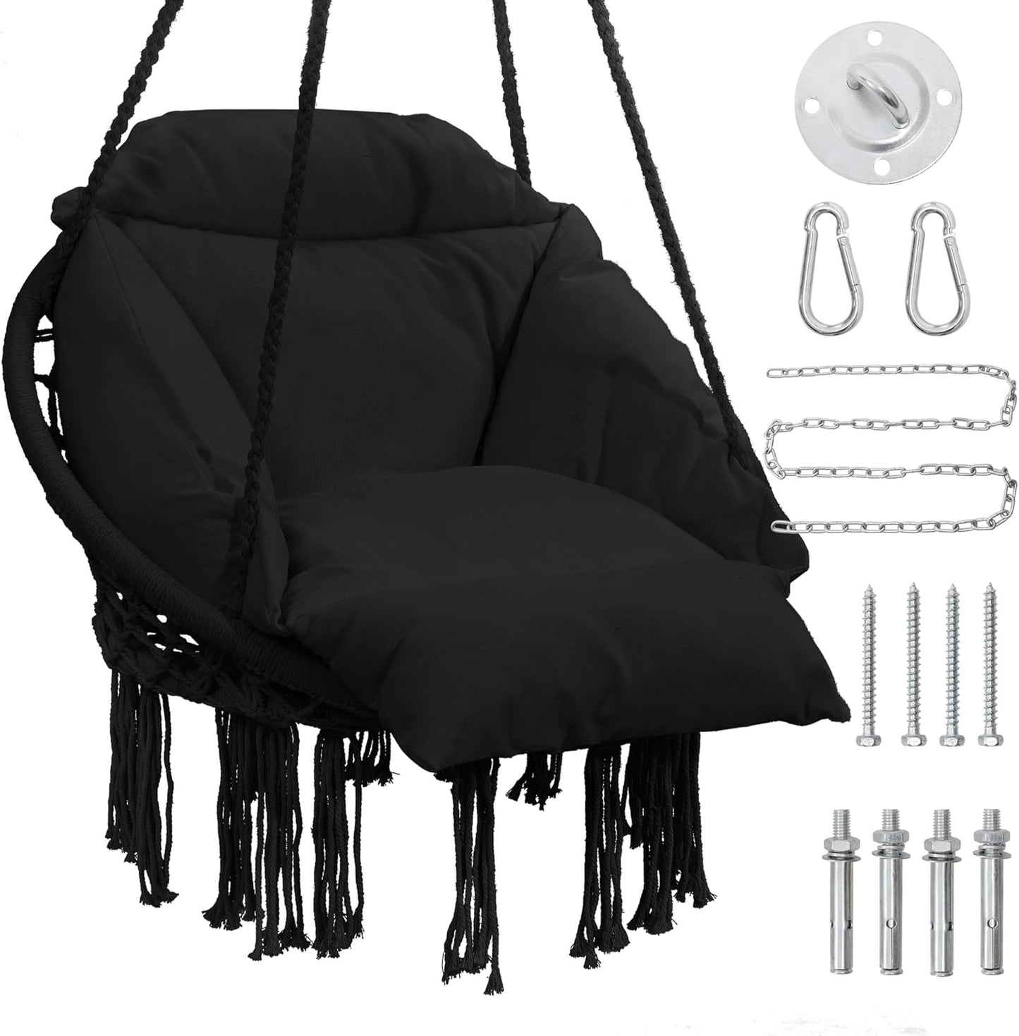 KROFEM Macrame Hammock Hanging Swinging Chair with Medium Cushion, Perfect for Bedroom, Porch, Adults, Balcony, Beige